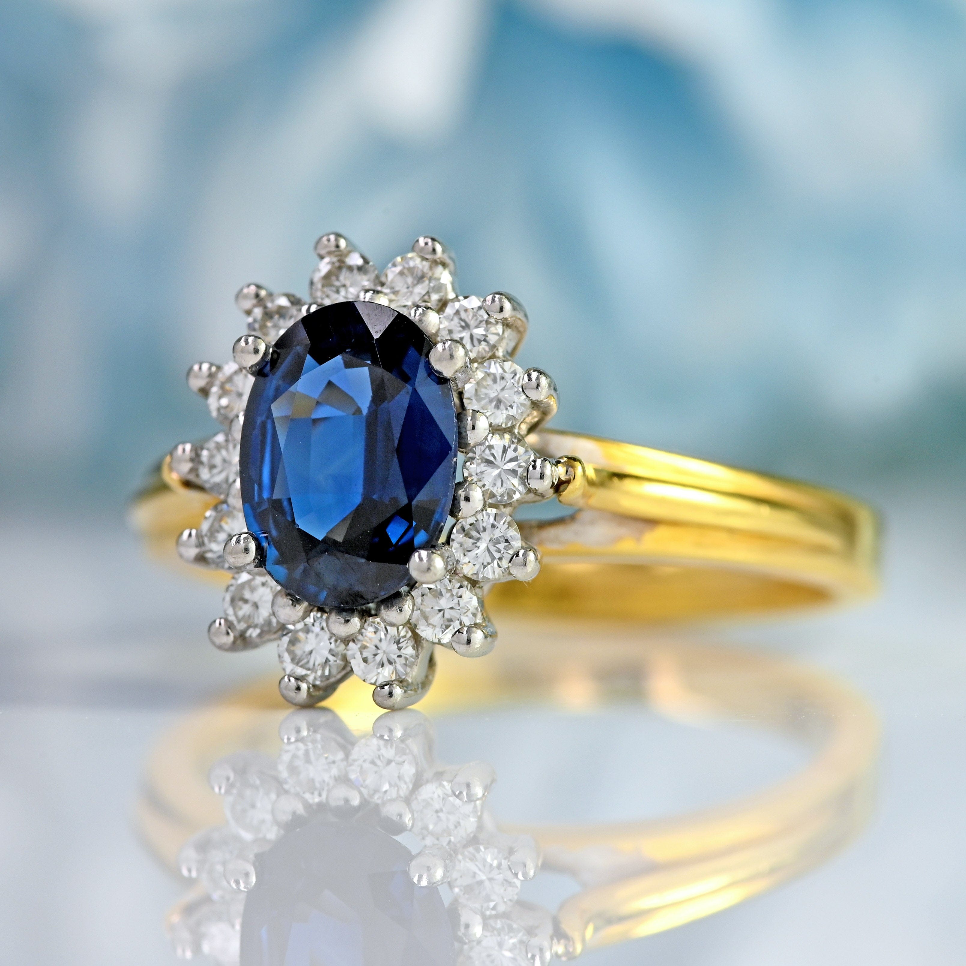 Ellibelle Jewellery Blue Sapphire & Diamond 18ct Gold Platinum Oval Cluster Ring (1.20cts)