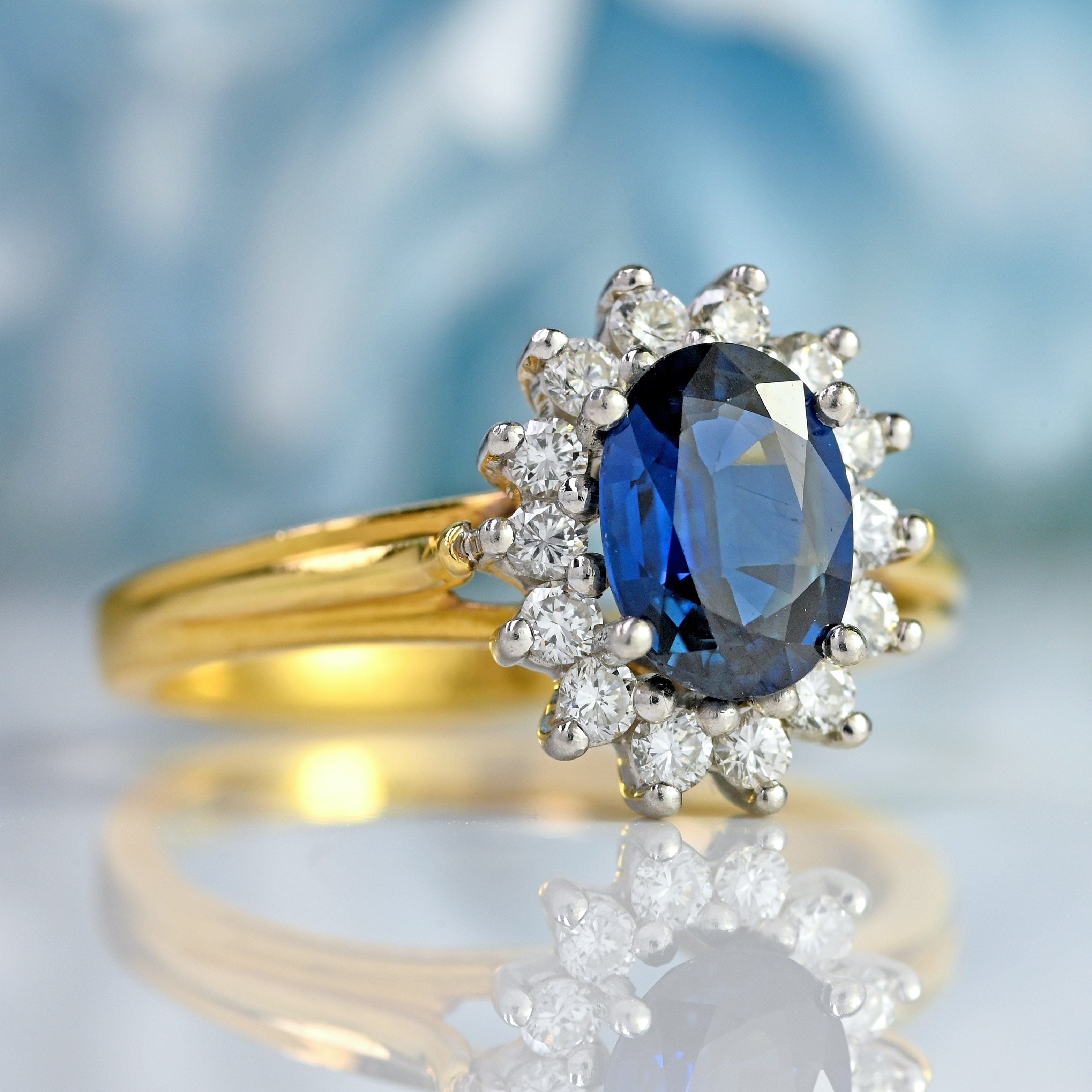 Ellibelle Jewellery Blue Sapphire & Diamond 18ct Gold Platinum Oval Cluster Ring (1.20cts)