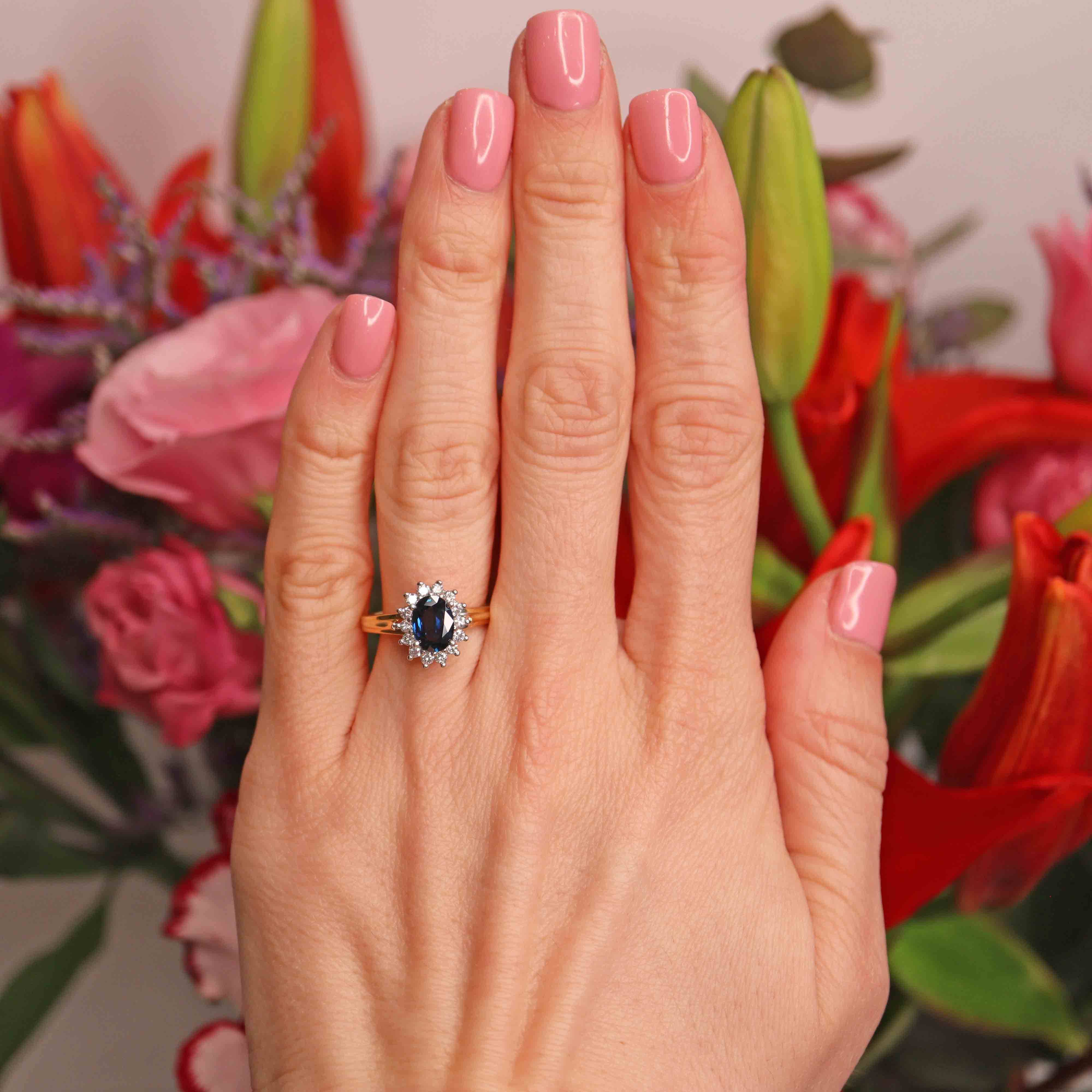 Ellibelle Jewellery Blue Sapphire & Diamond 18ct Gold Platinum Oval Cluster Ring (1.20cts)