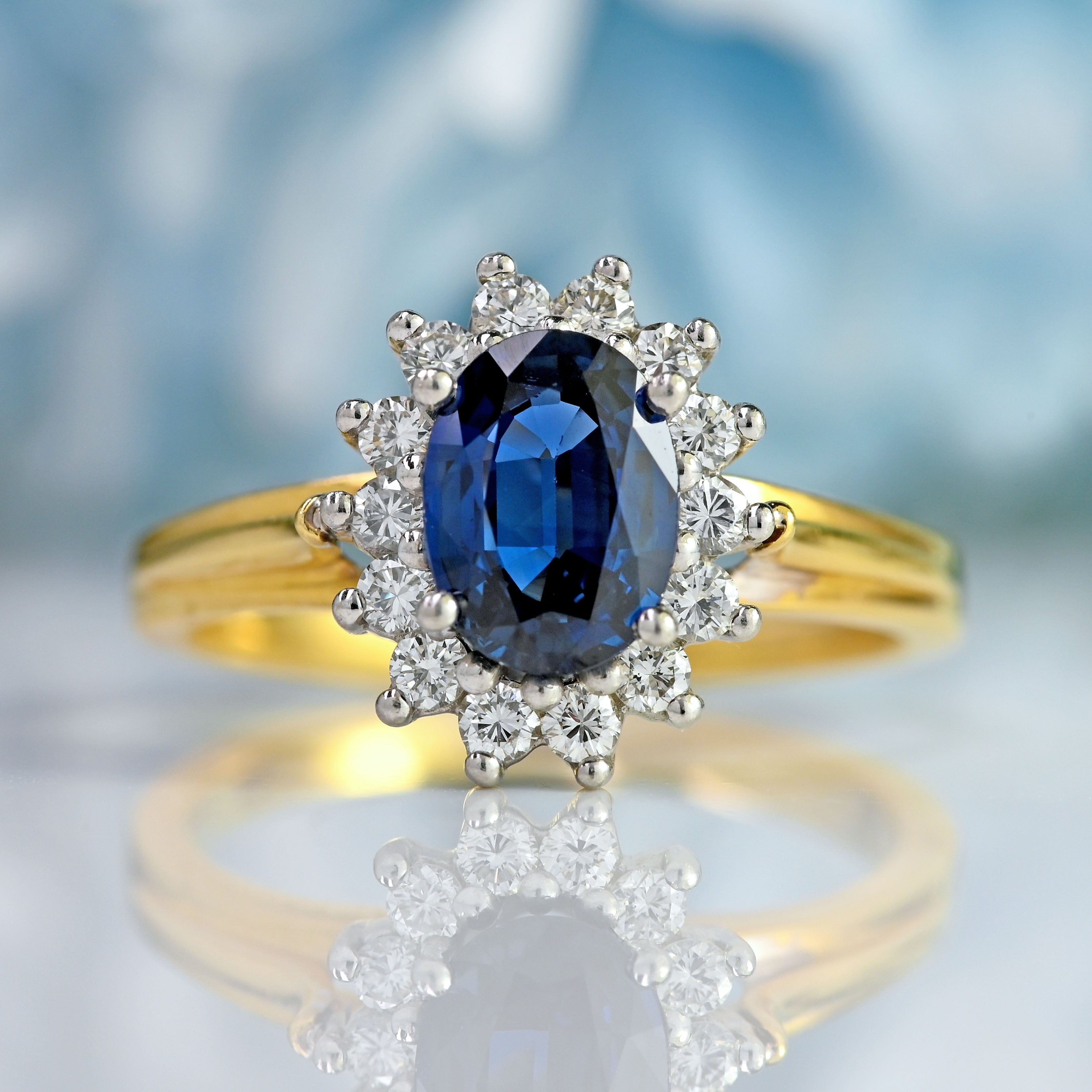 Ellibelle Jewellery Blue Sapphire & Diamond 18ct Gold Platinum Oval Cluster Ring (1.20cts)