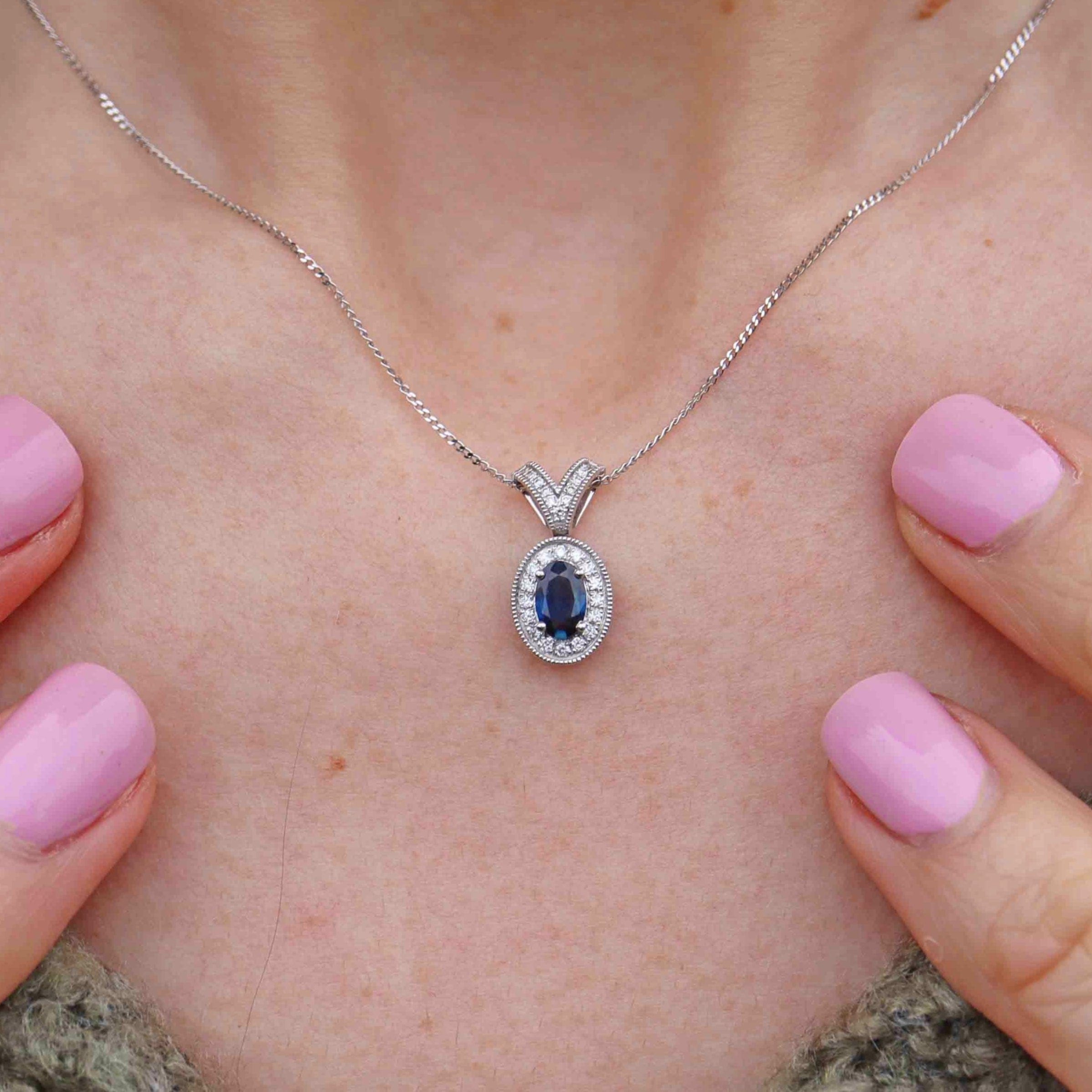 Ellibelle Jewellery Blue Sapphire & Diamond 18ct White Gold Pendant Necklace