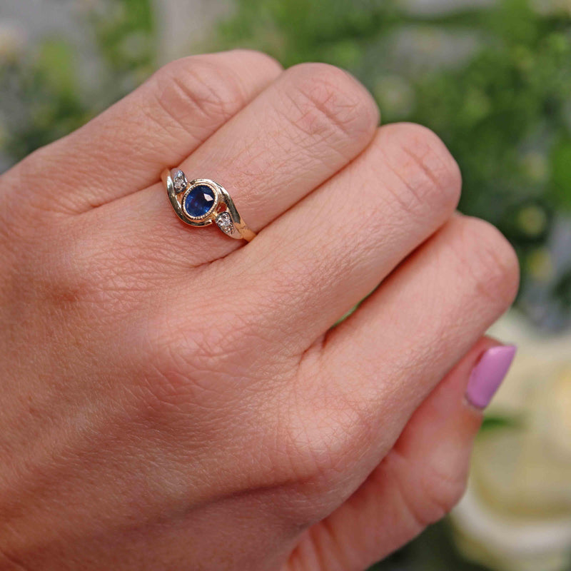 Ellibelle Jewellery Blue Sapphire & Diamond 9ct Gold Crossover Engagement Ring