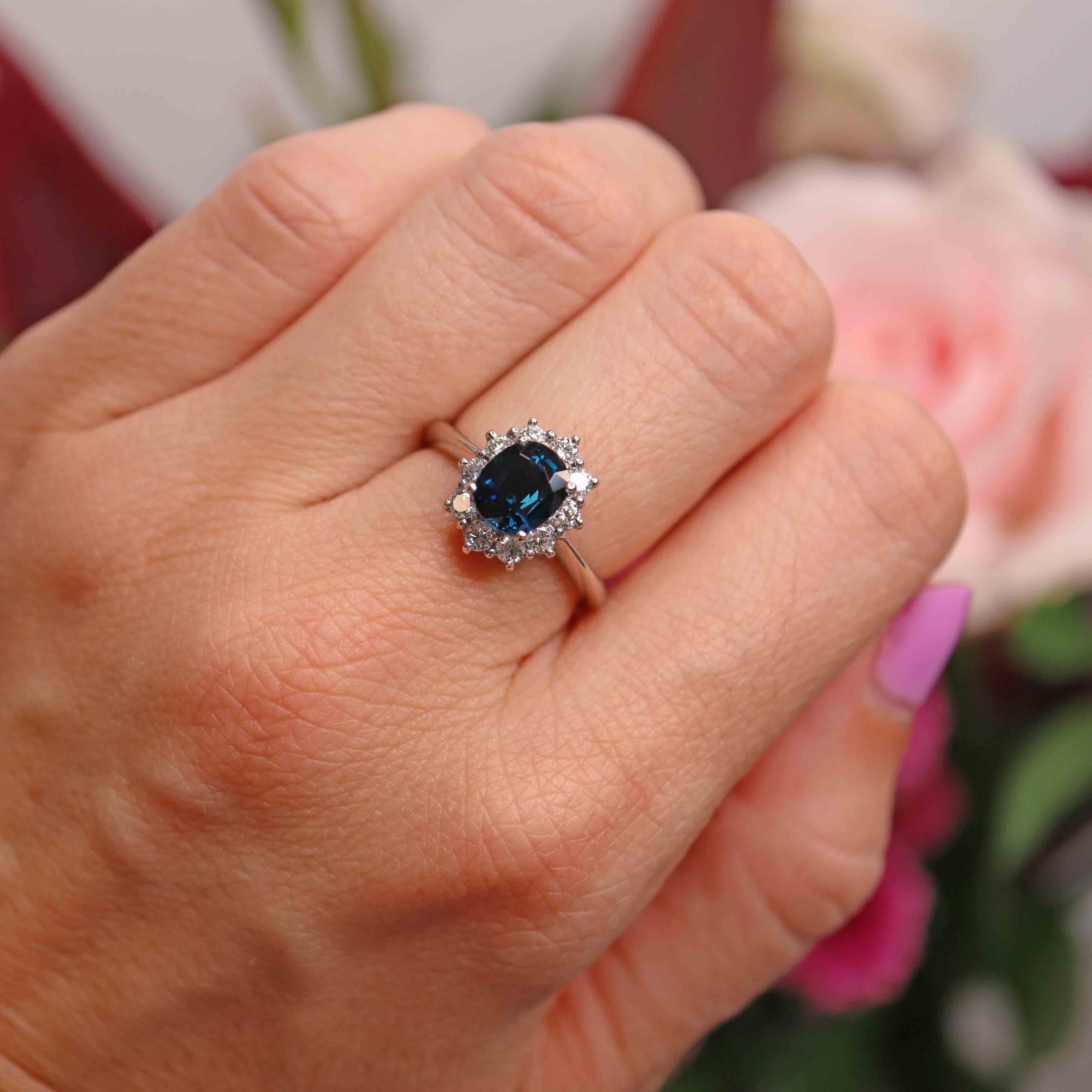 Ellibelle Jewellery Blue Sapphire & Diamond Platinum Cluster Engagement Ring (1.53ct)