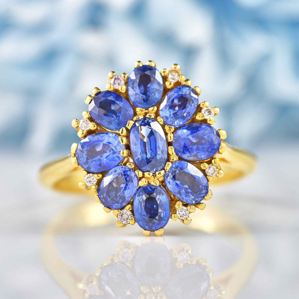 Ellibelle Jewellery Blue Sapphire & Diamond Yellow Gold Flower Cluster Ring