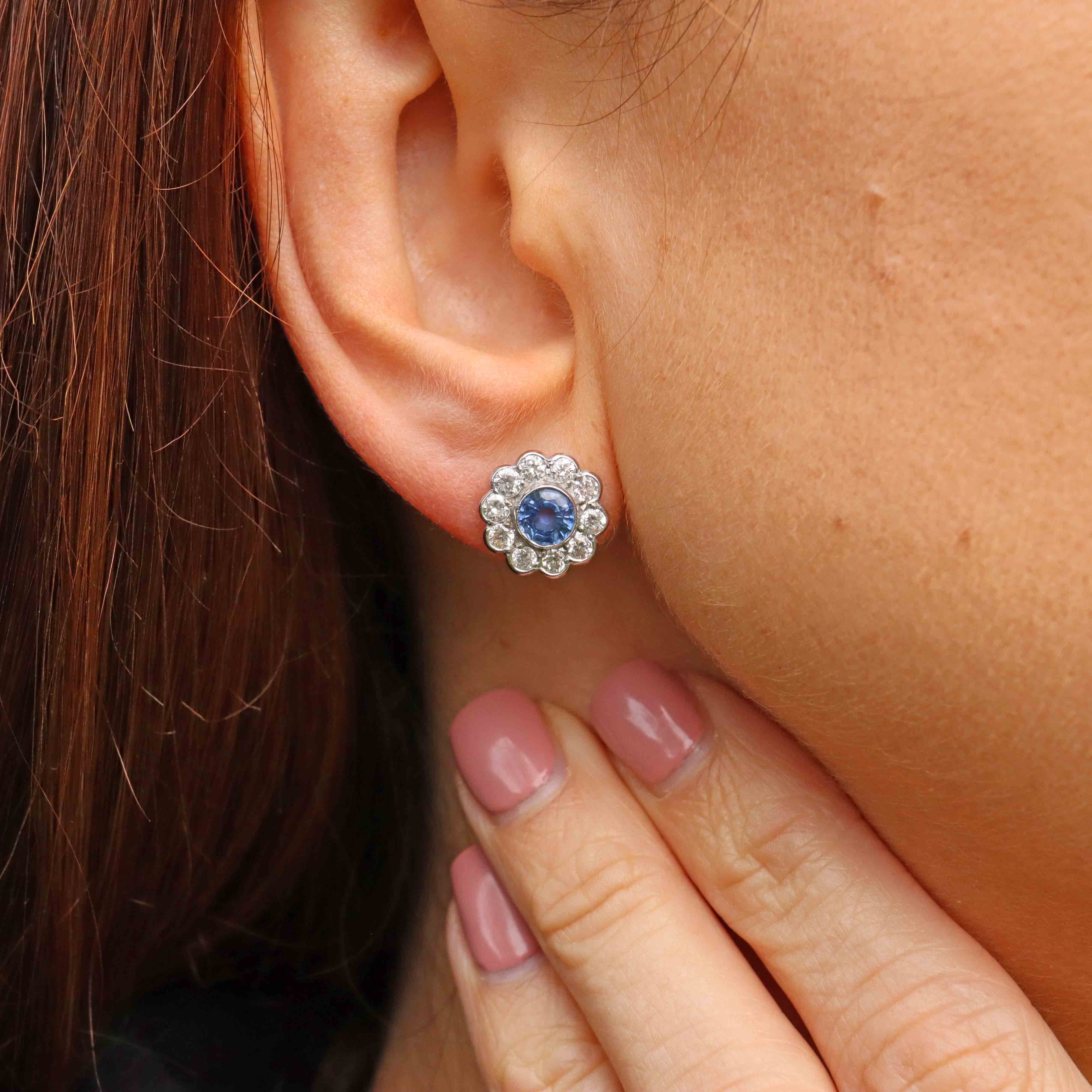 Ellibelle Jewellery Ceylon Sapphire & Diamond 18ct White Gold Daisy Cluster Stud Earrings