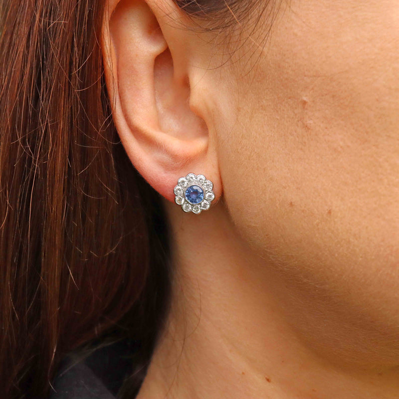 Ellibelle Jewellery Ceylon Sapphire & Diamond 18ct White Gold Daisy Cluster Stud Earrings
