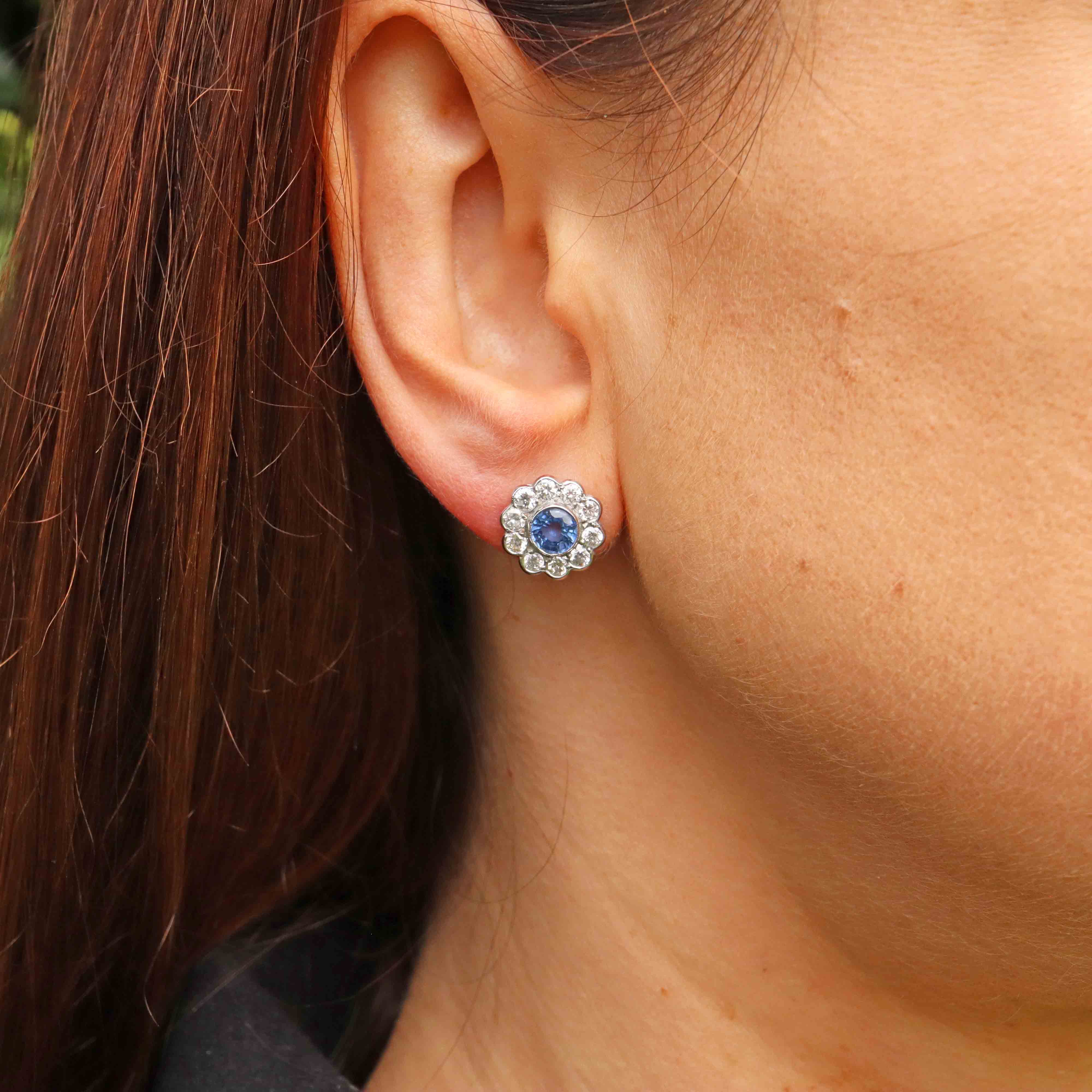 Ellibelle Jewellery Ceylon Sapphire & Diamond 18ct White Gold Daisy Cluster Stud Earrings