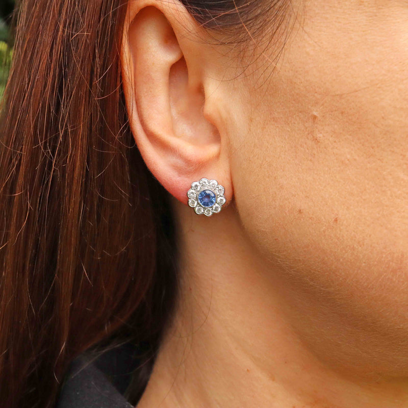 Ellibelle Jewellery Ceylon Sapphire & Diamond 18ct White Gold Daisy Cluster Stud Earrings