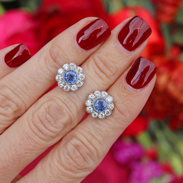 Ellibelle Jewellery Ceylon Sapphire & Diamond 18ct White Gold Daisy Cluster Stud Earrings