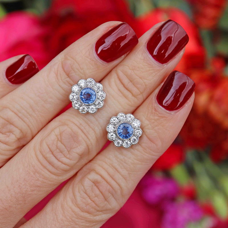 Ellibelle Jewellery Ceylon Sapphire & Diamond 18ct White Gold Daisy Cluster Stud Earrings