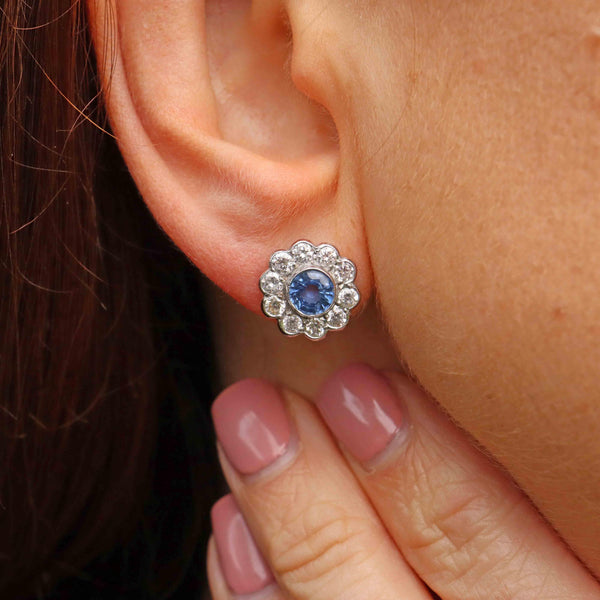 Ellibelle Jewellery Ceylon Sapphire & Diamond 18ct White Gold Daisy Cluster Stud Earrings
