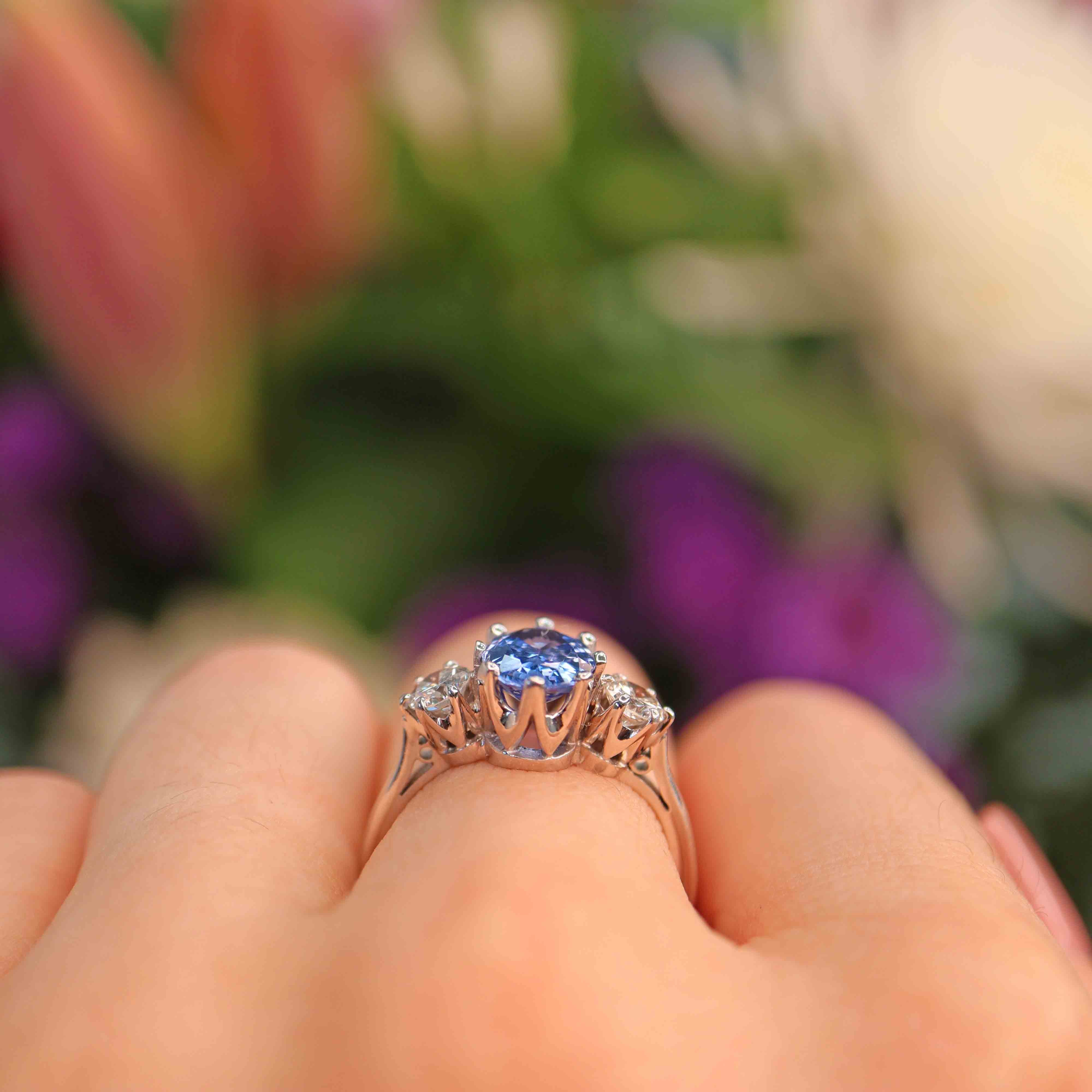 Ellibelle Jewellery Ceylon Sapphire & Diamond White Gold Three Stone Engagement Ring