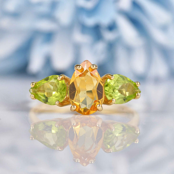 Ellibelle Jewellery Citrine & Peridot 9ct Gold Pear-Shaped Trilogy Ring