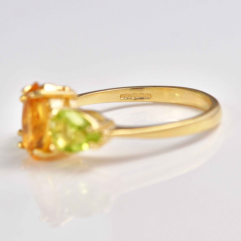 Ellibelle Jewellery Citrine & Peridot 9ct Gold Pear-Shaped Trilogy Ring