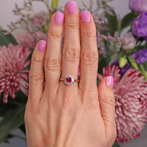 Ellibelle Jewellery Cushion-Shaped Ruby & Diamond Platinum Engagement Ring