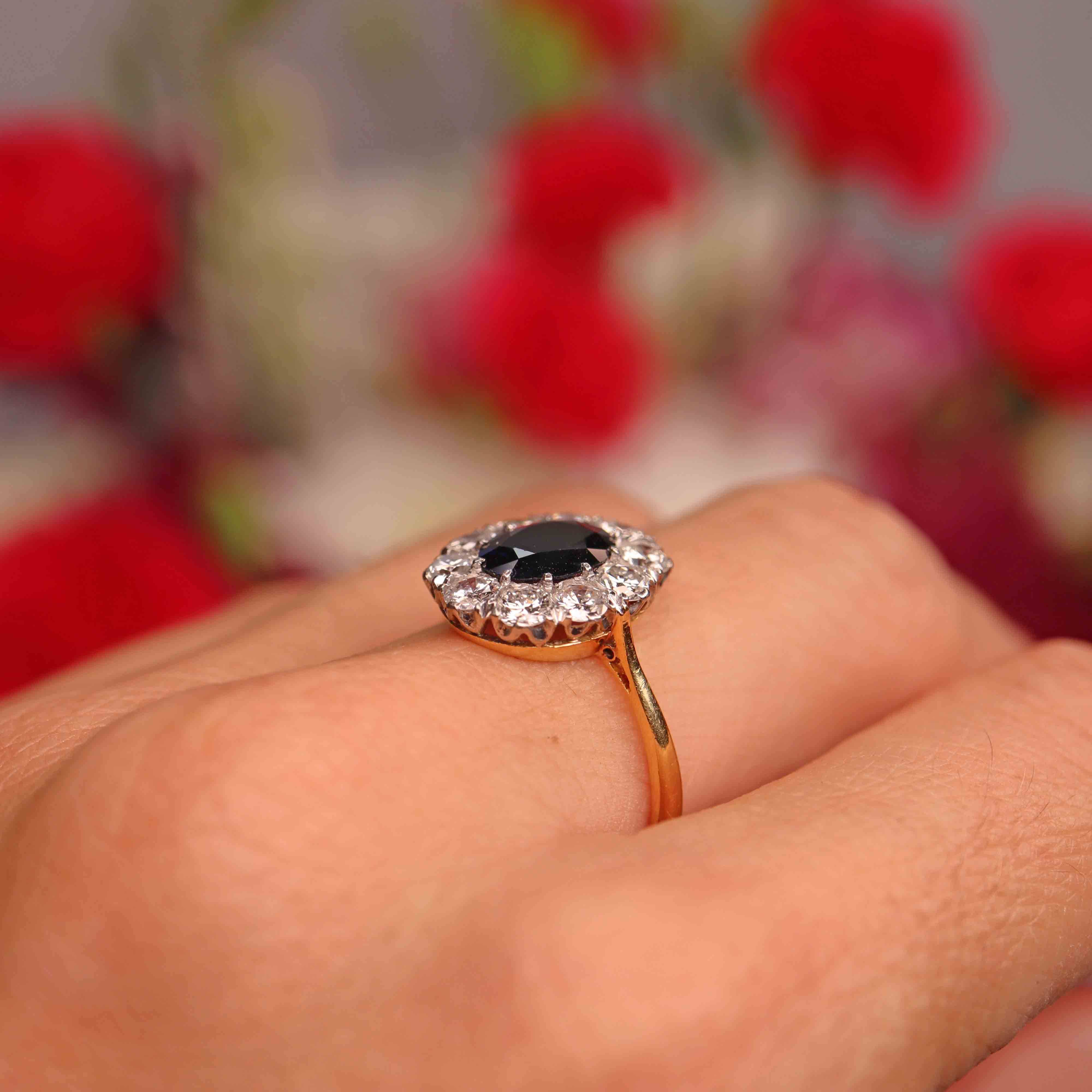 Ellibelle Jewellery Early 20th Century Sapphire & Diamond 18ct Gold Platinum Cluster Ring (1.80cts)