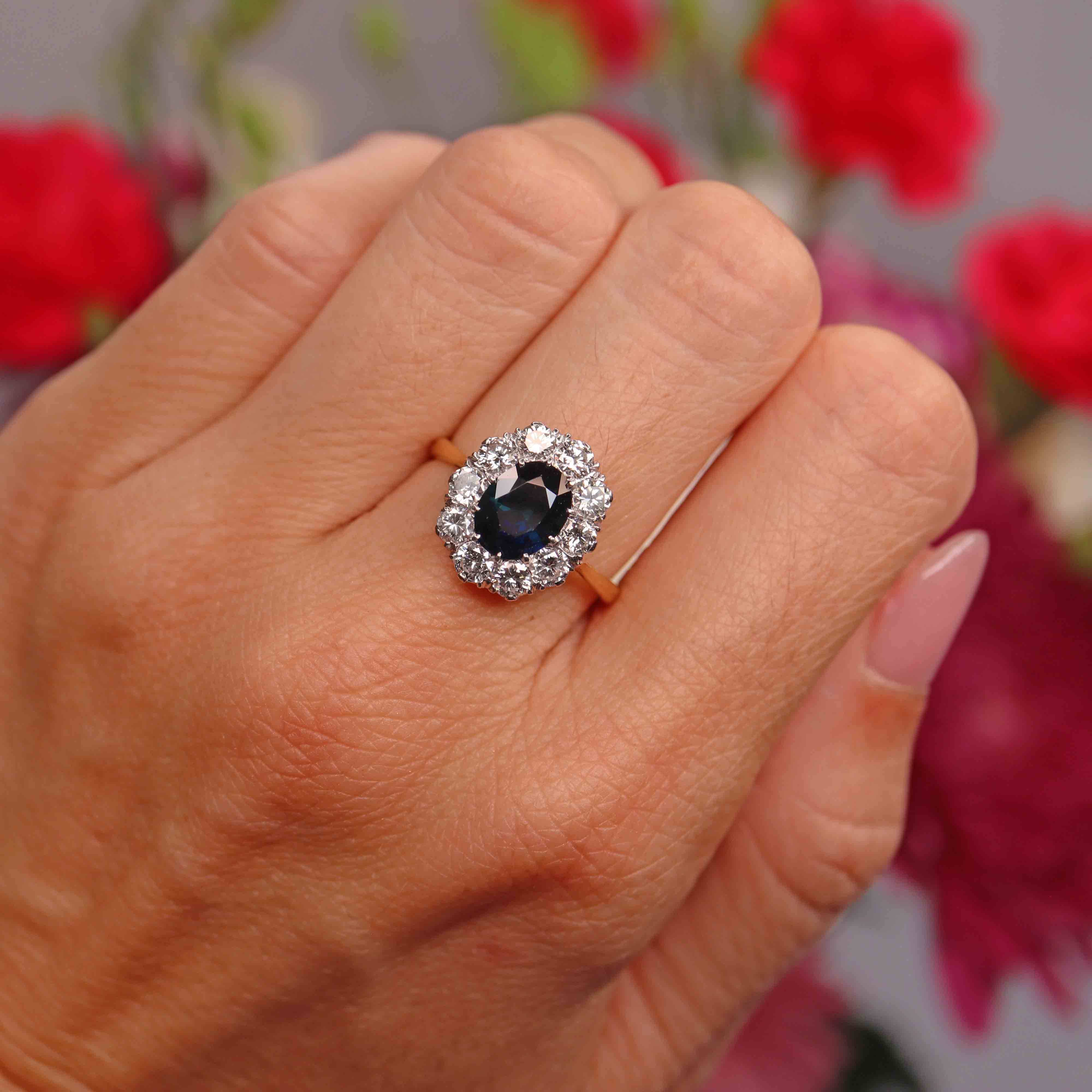 Ellibelle Jewellery Early 20th Century Sapphire & Diamond 18ct Gold Platinum Cluster Ring (1.80cts)