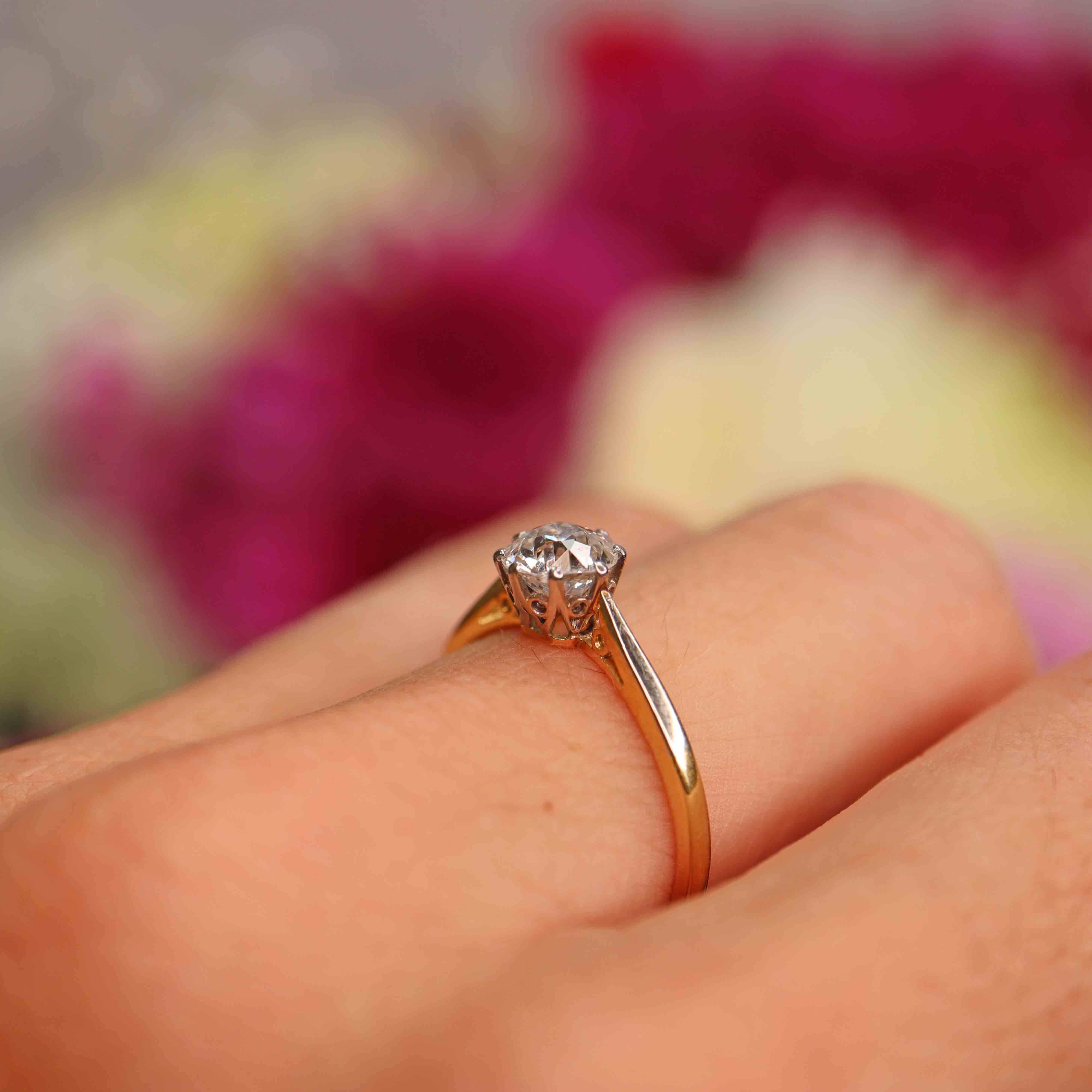Ellibelle Jewellery Edwardian 0.82ct Old European Cut Diamond 18ct Gold & Platinum Solitaire Ring
