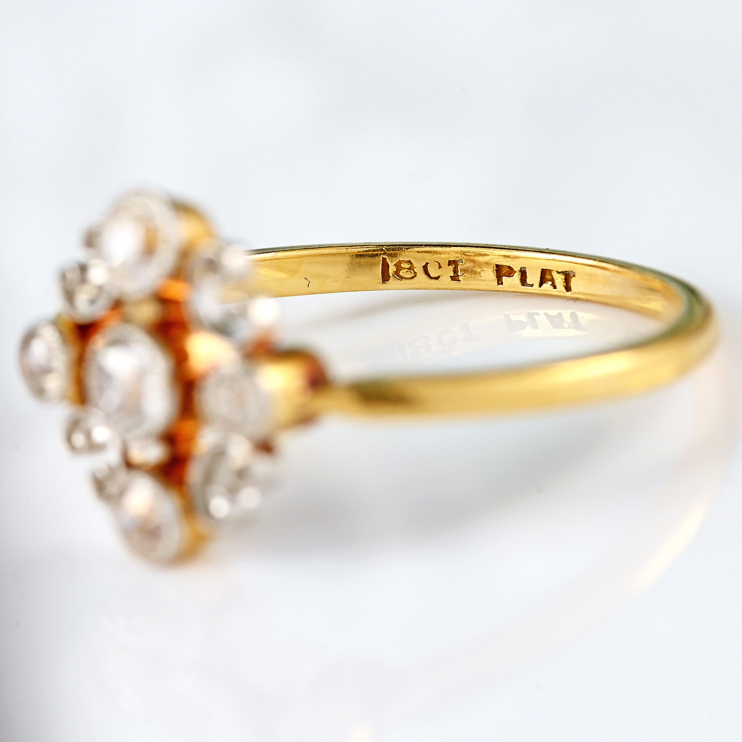 Ellibelle Jewellery Edwardian 18ct Gold & Platinum Diamond Scrollwork Cluster Ring