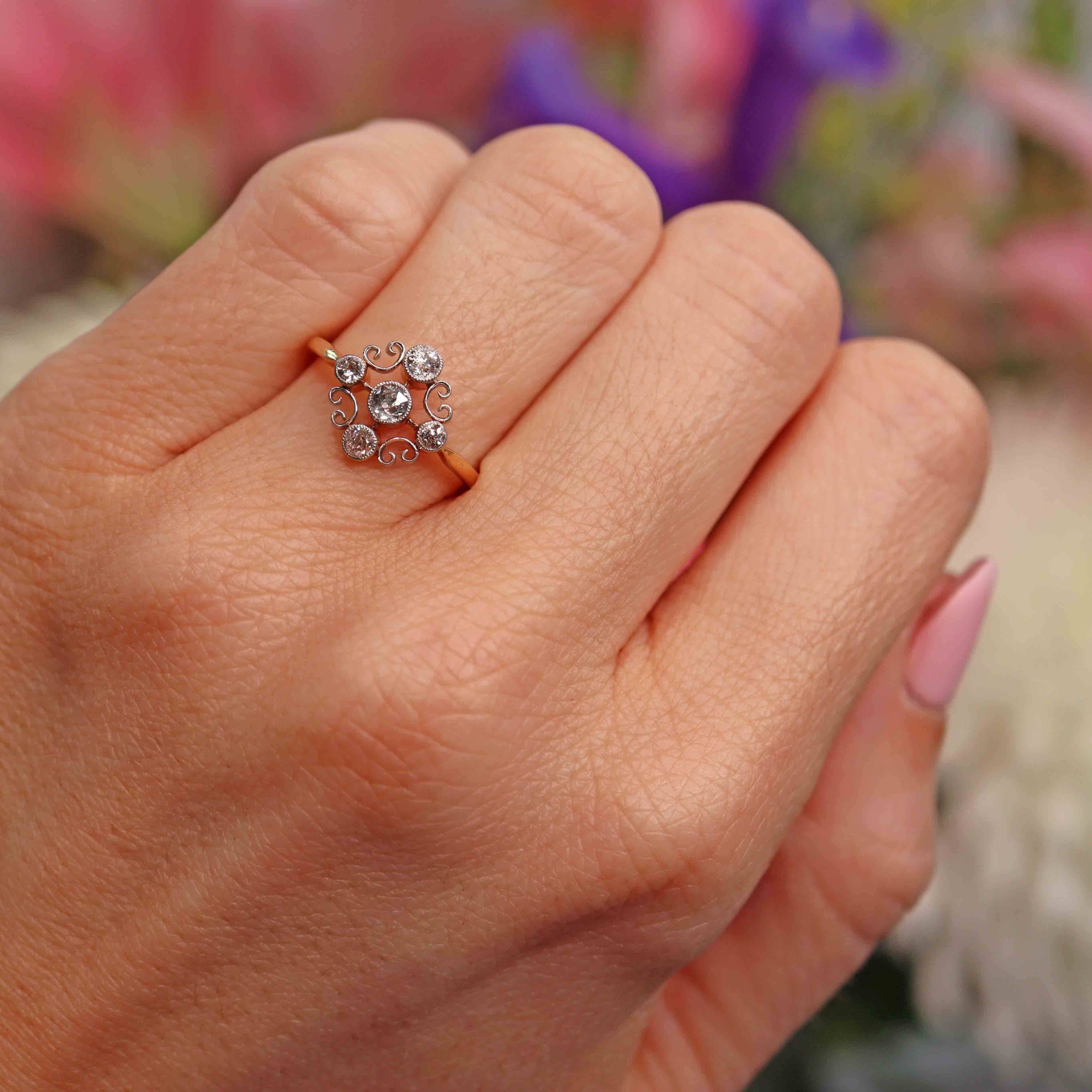 Ellibelle Jewellery Edwardian 18ct Gold & Platinum Diamond Scrollwork Cluster Ring
