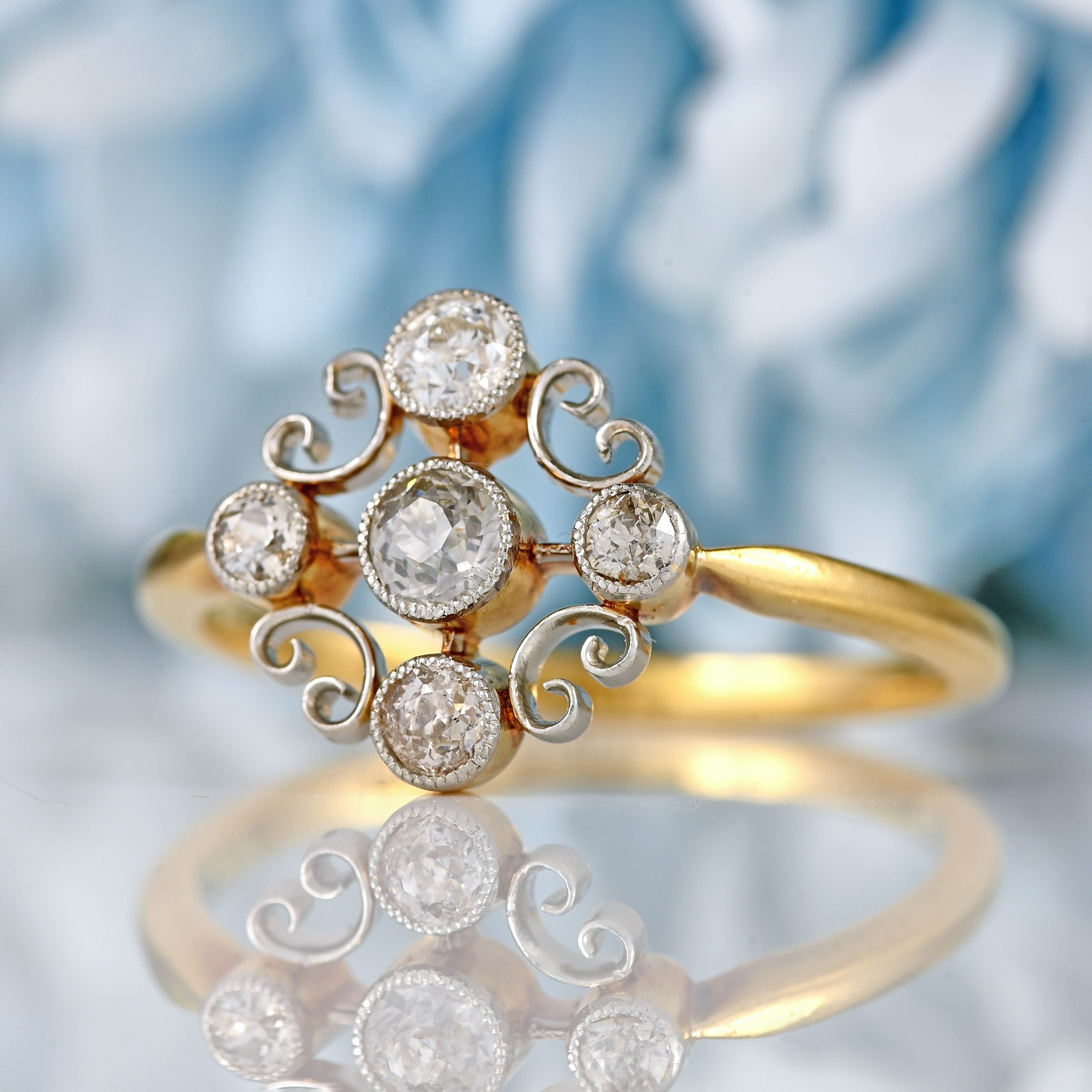 Ellibelle Jewellery Edwardian 18ct Gold & Platinum Diamond Scrollwork Cluster Ring