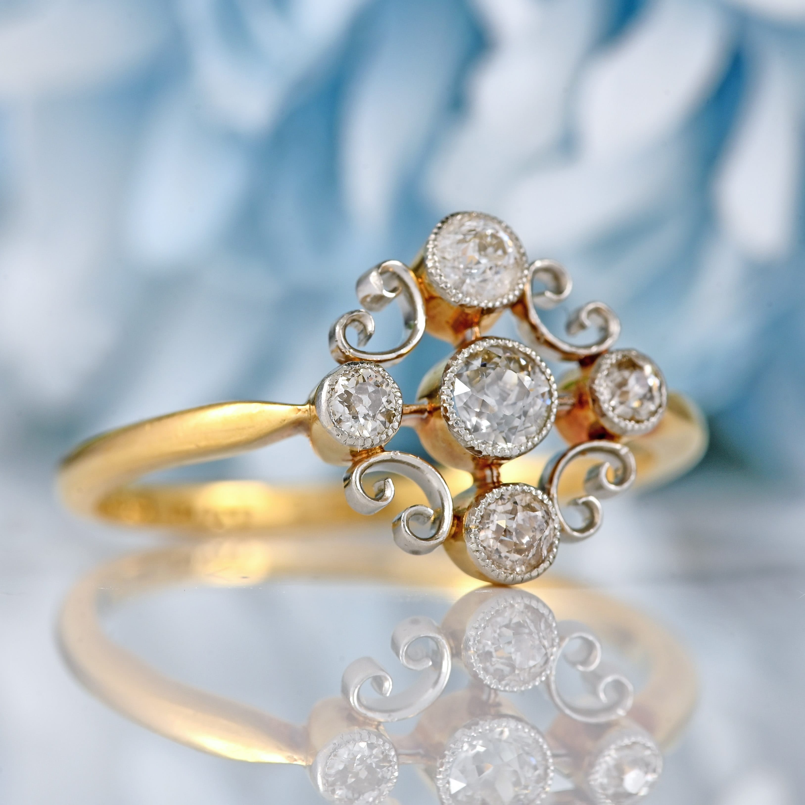 Ellibelle Jewellery Edwardian 18ct Gold & Platinum Diamond Scrollwork Cluster Ring