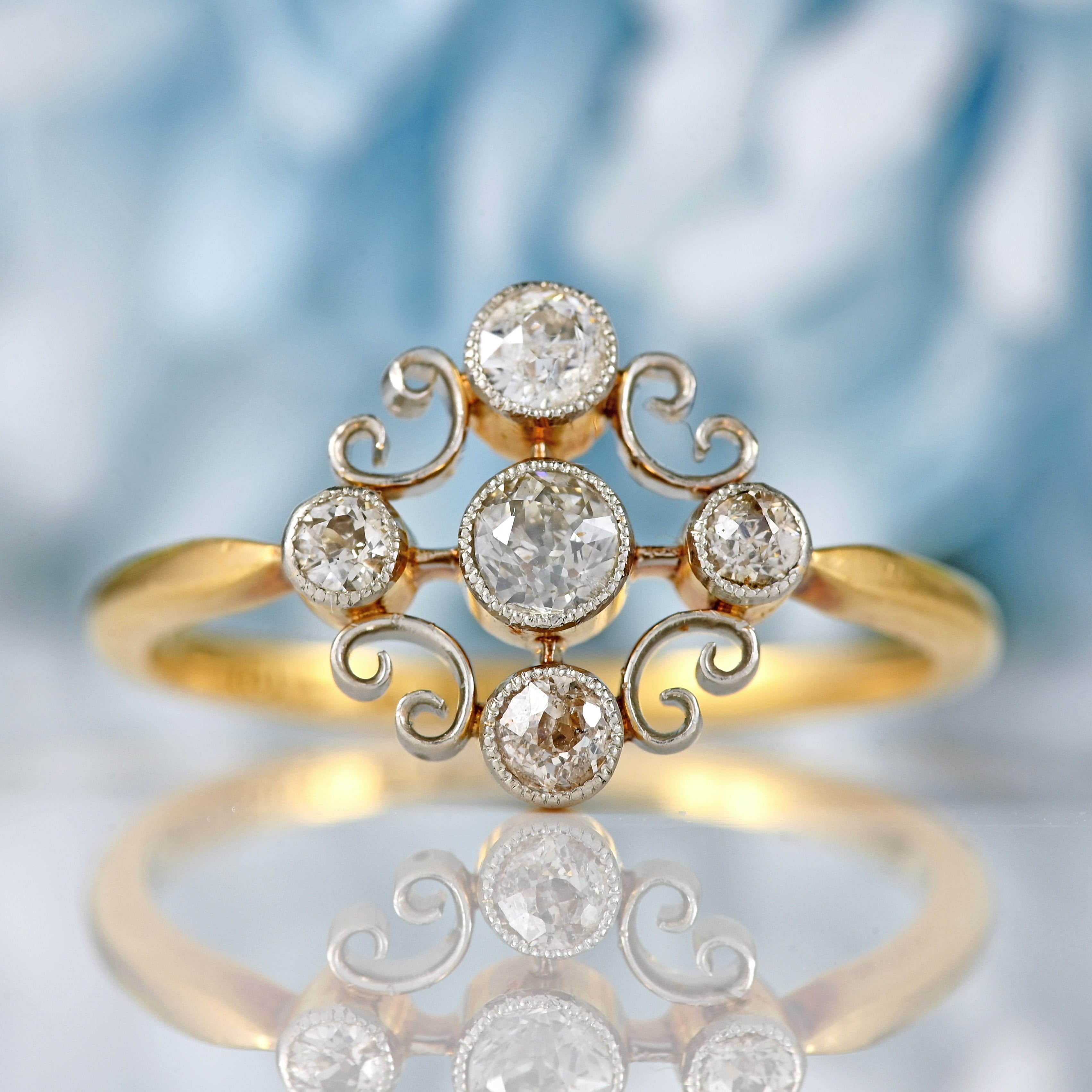 Ellibelle Jewellery Edwardian 18ct Gold & Platinum Diamond Scrollwork Cluster Ring
