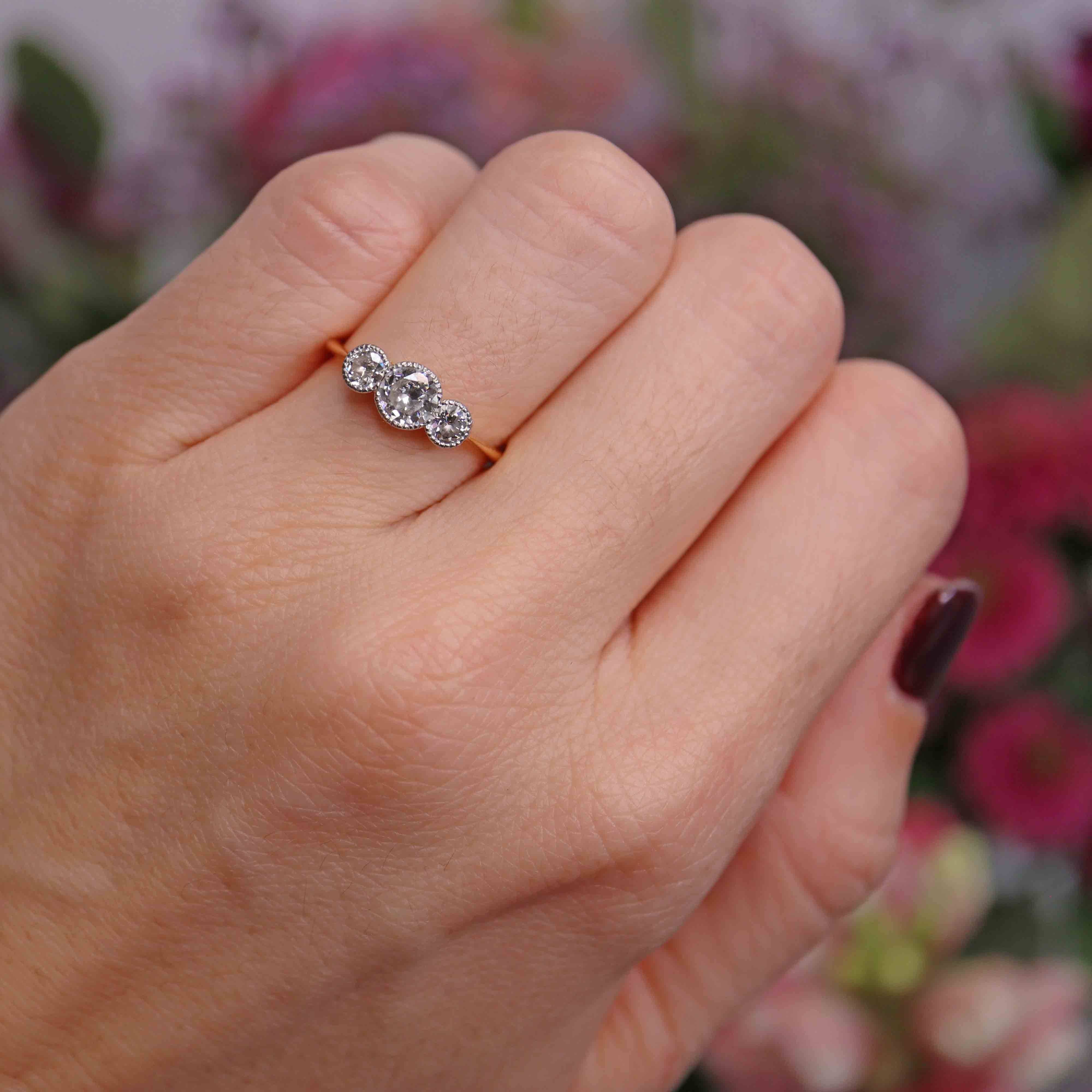 Ellibelle Jewellery Edwardian 18ct Gold & Platinum Diamond Three-Stone Engagement Ring (0.67cts)