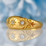 Ellibelle Jewellery Edwardian 1905 Three-Stone Diamond 18ct Gold Starburst Gypsy Ring