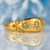 Ellibelle Jewellery Edwardian 1905 Three-Stone Diamond 18ct Gold Starburst Gypsy Ring