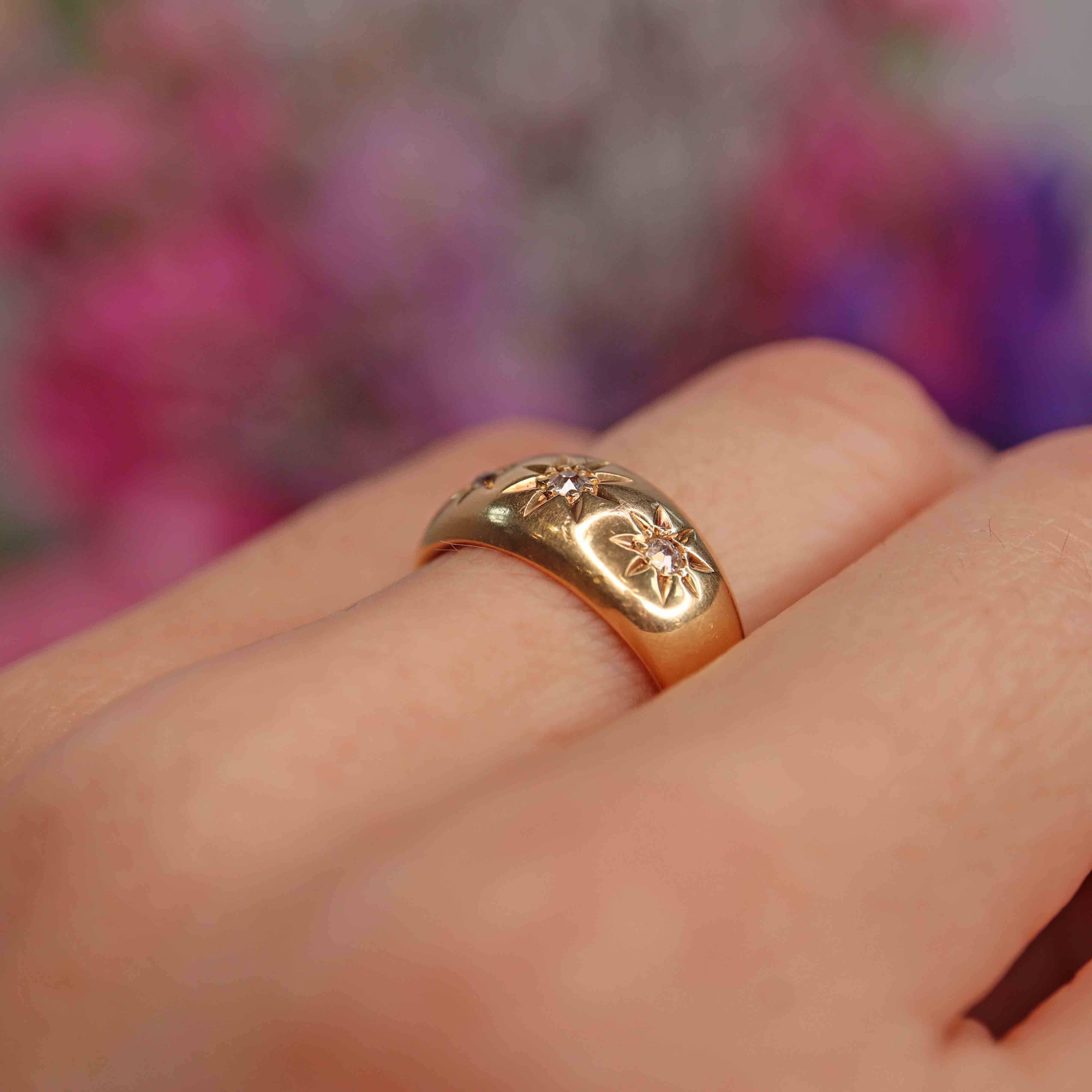 Ellibelle Jewellery Edwardian 1909 Diamond 18ct Gold Three-Stone Starburst Gypsy Ring