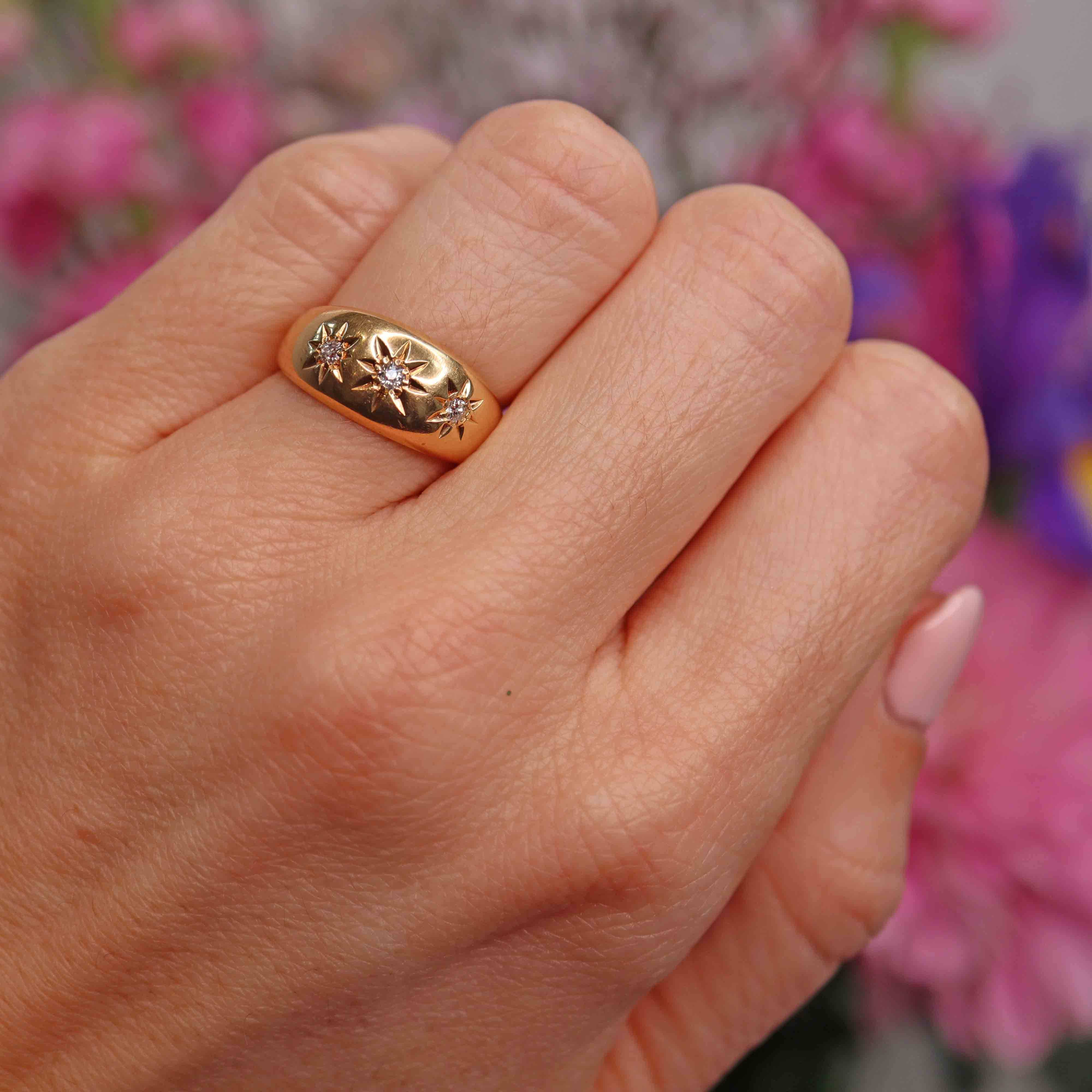 Ellibelle Jewellery Edwardian 1909 Diamond 18ct Gold Three-Stone Starburst Gypsy Ring