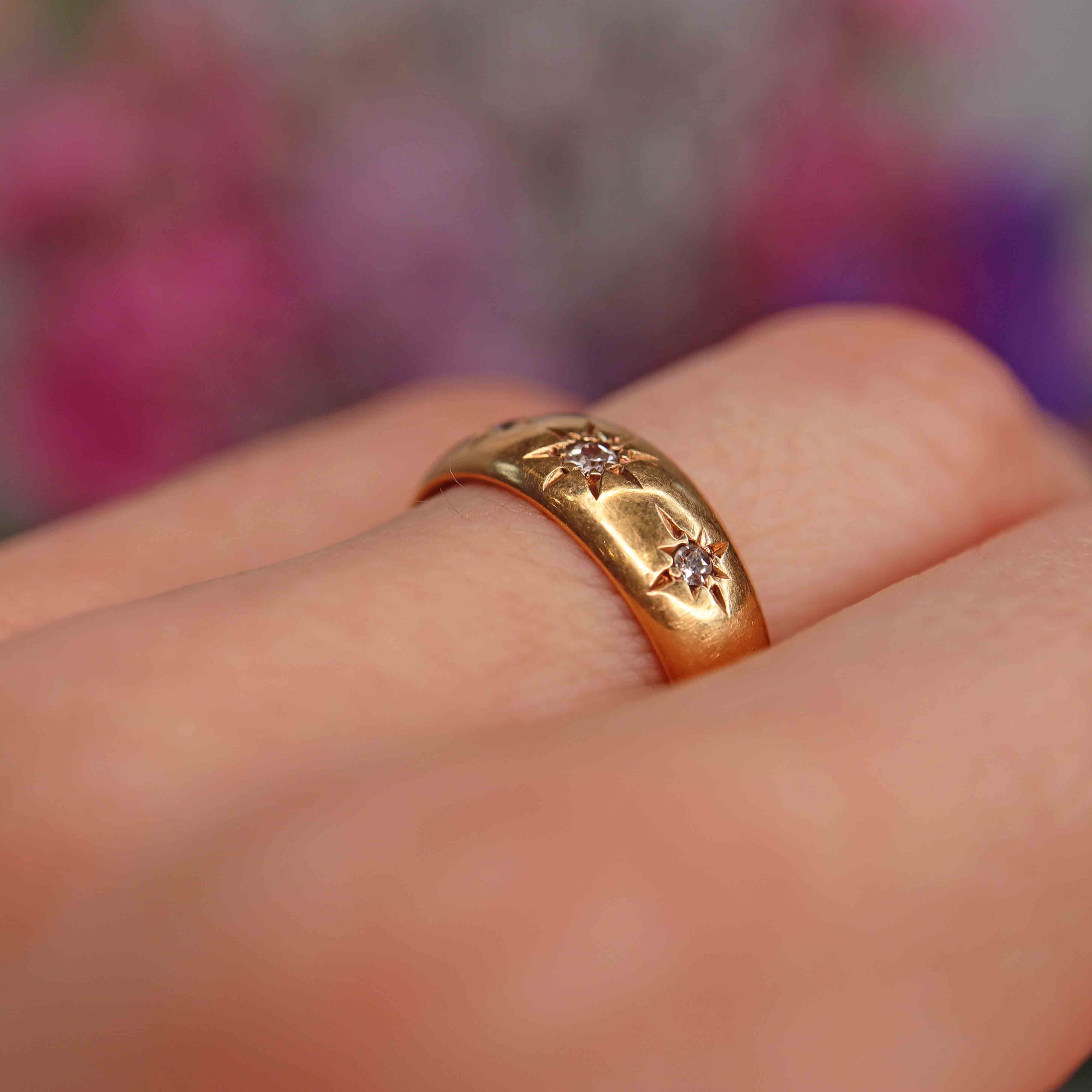 Ellibelle Jewellery Edwardian 1914 Diamond 18ct Gold Three-Stone Starburst Gypsy Ring