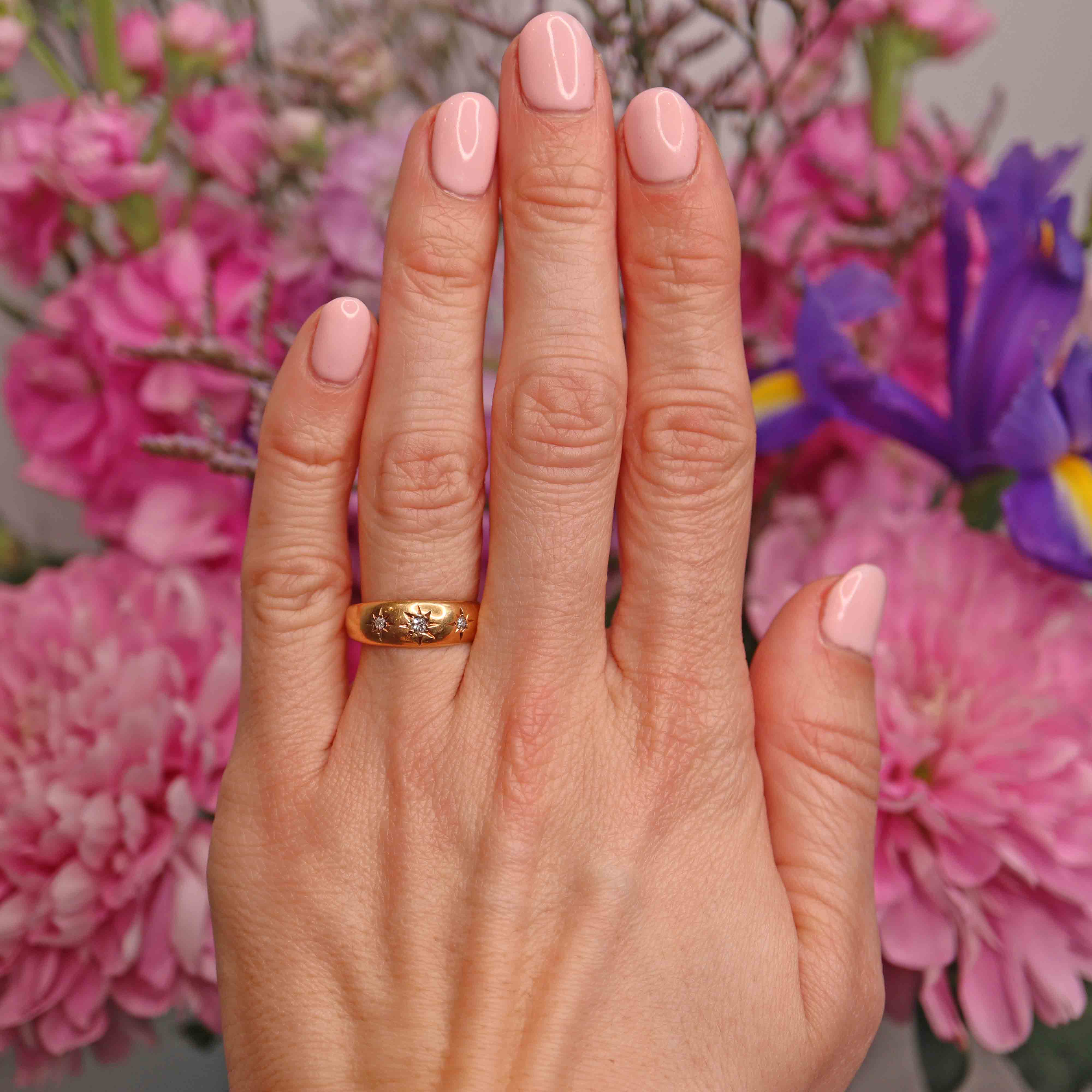 Ellibelle Jewellery Edwardian 1914 Diamond 18ct Gold Three-Stone Starburst Gypsy Ring