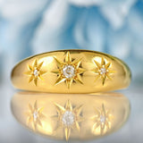 Ellibelle Jewellery Edwardian 1918 Diamond 18ct Gold Three-Stone Starburst Gypsy Ring