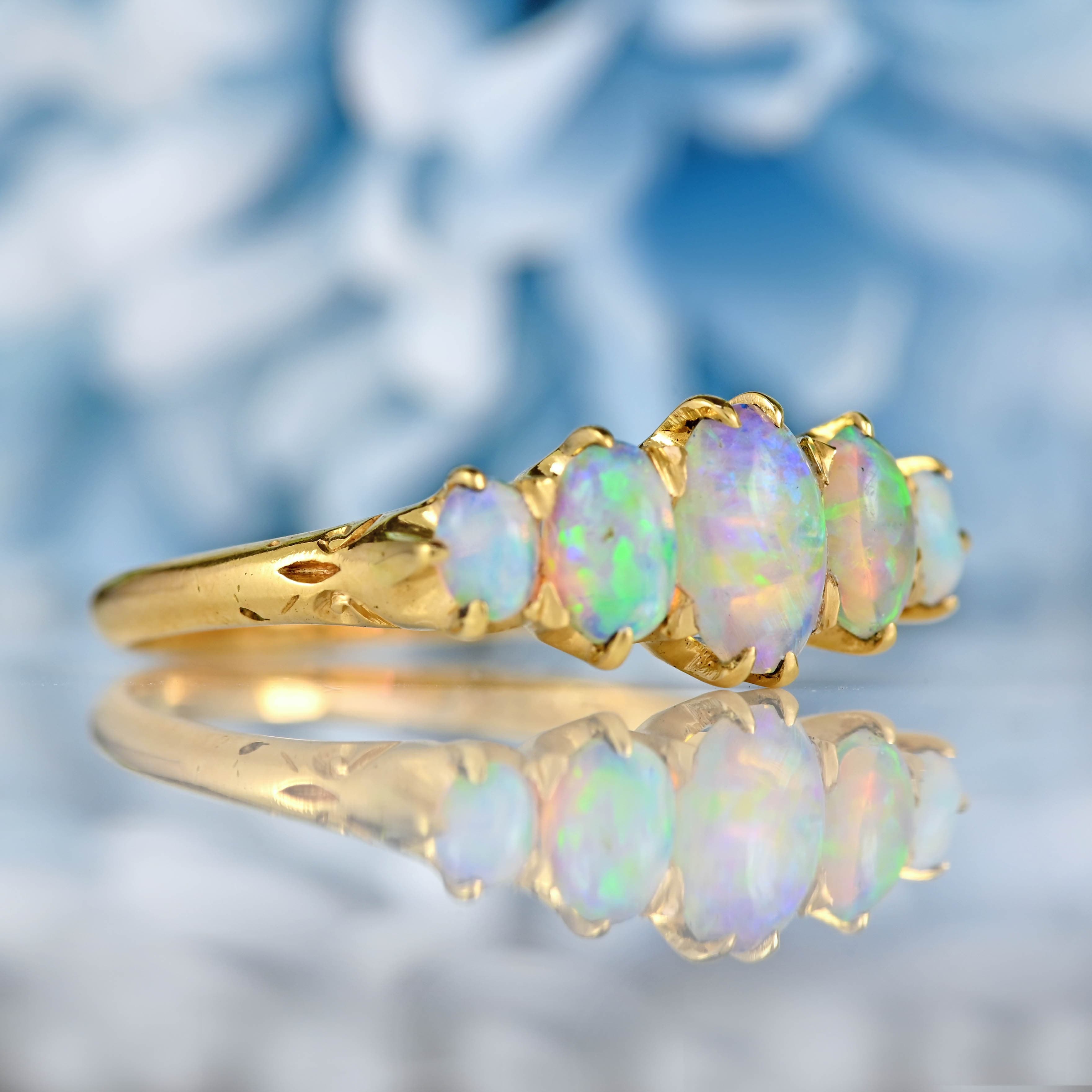 Ellibelle Jewellery Edwardian Australian Opal 18ct Gold Five-Stone Ring