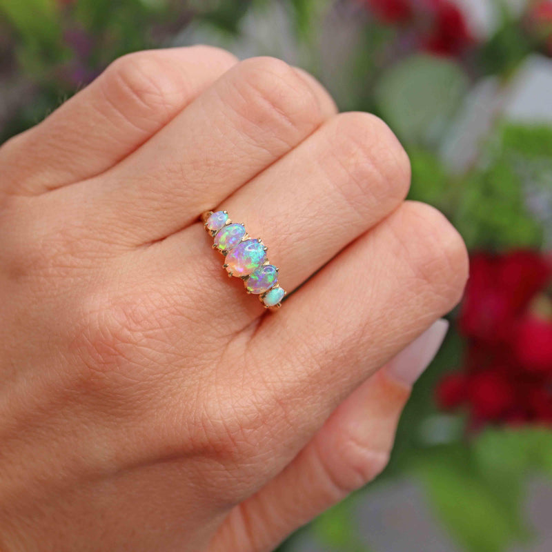 Ellibelle Jewellery Edwardian Australian Opal 18ct Gold Five-Stone Ring