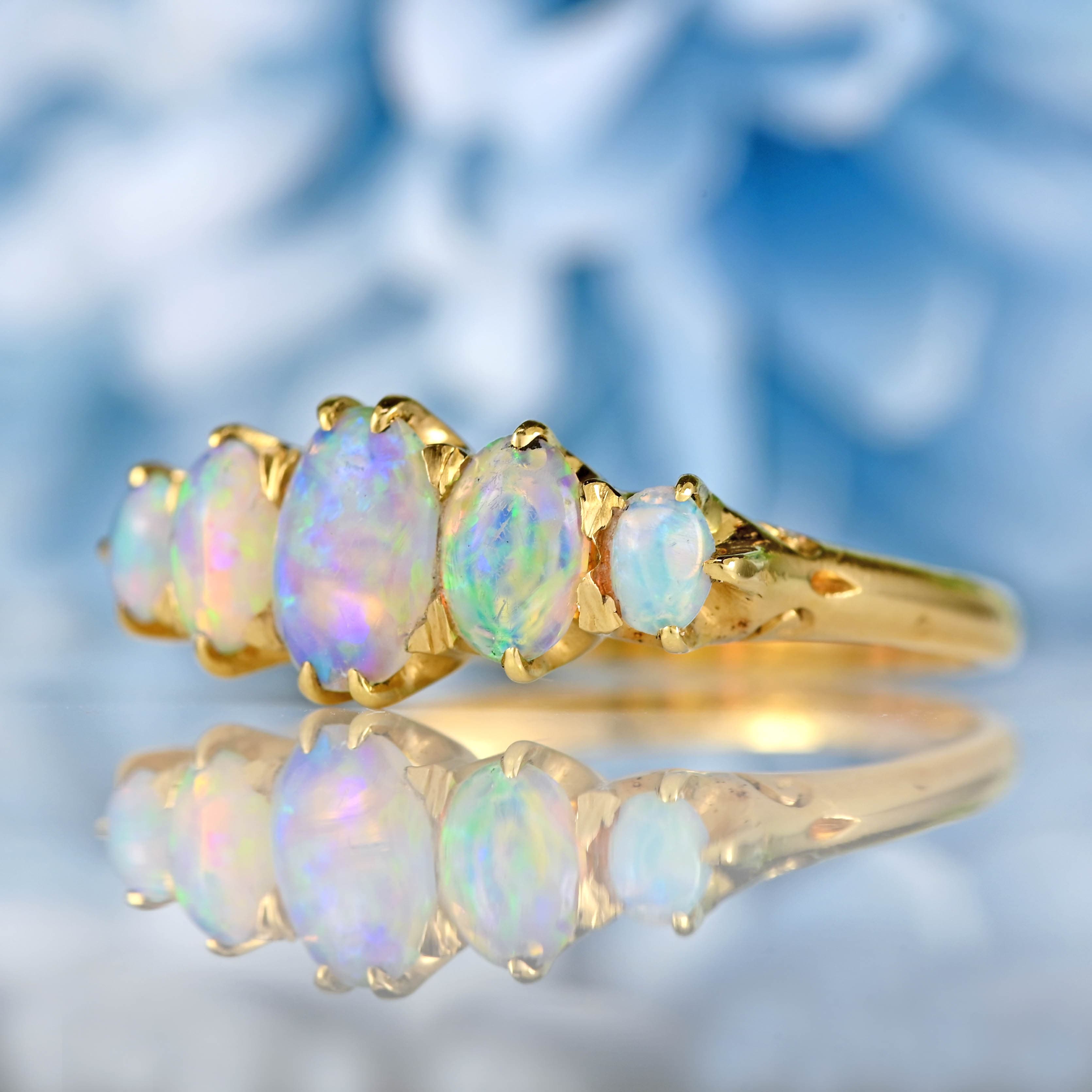 Ellibelle Jewellery Edwardian Australian Opal 18ct Gold Five-Stone Ring
