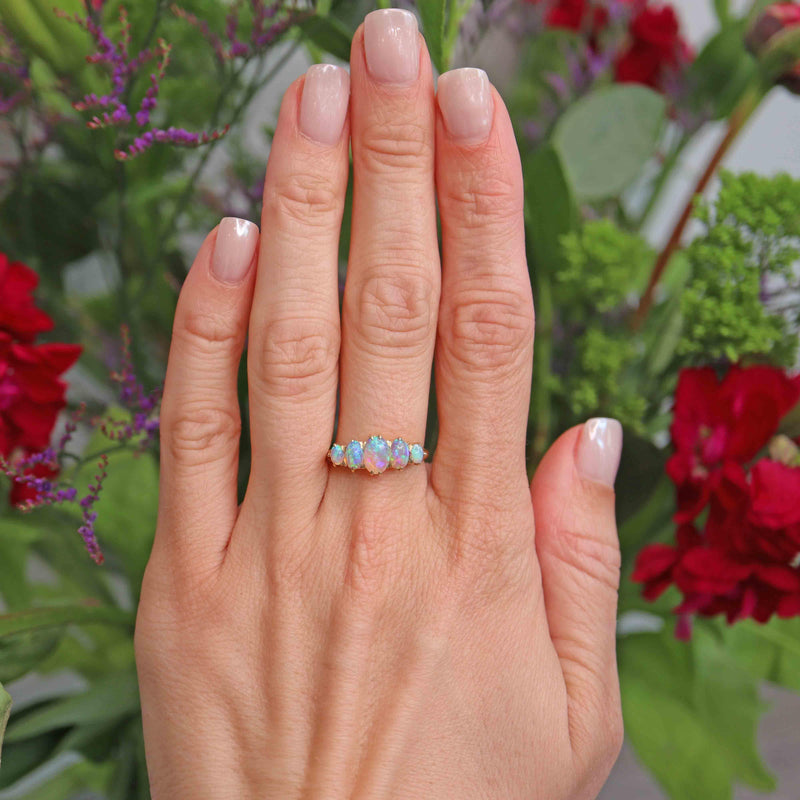 Ellibelle Jewellery Edwardian Australian Opal 18ct Gold Five-Stone Ring