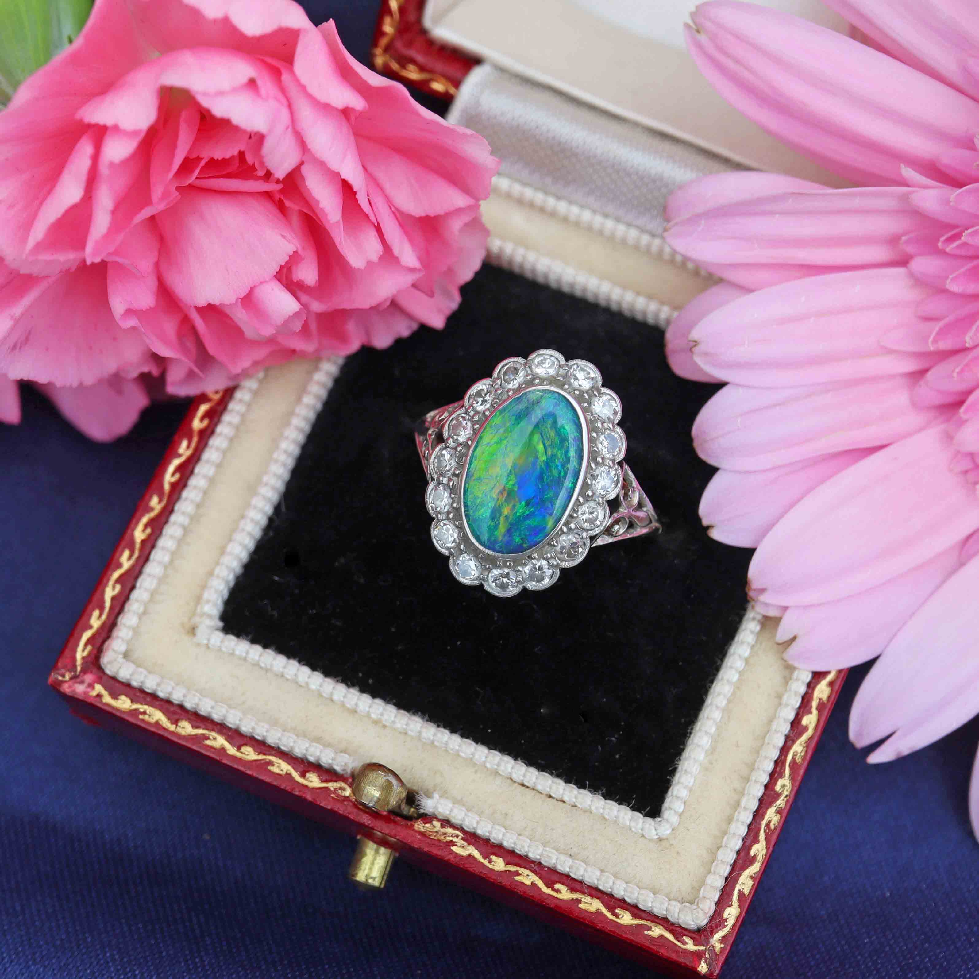 Ellibelle Jewellery Edwardian Black Opal & Diamond 18ct Gold Platinum Cluster Ring