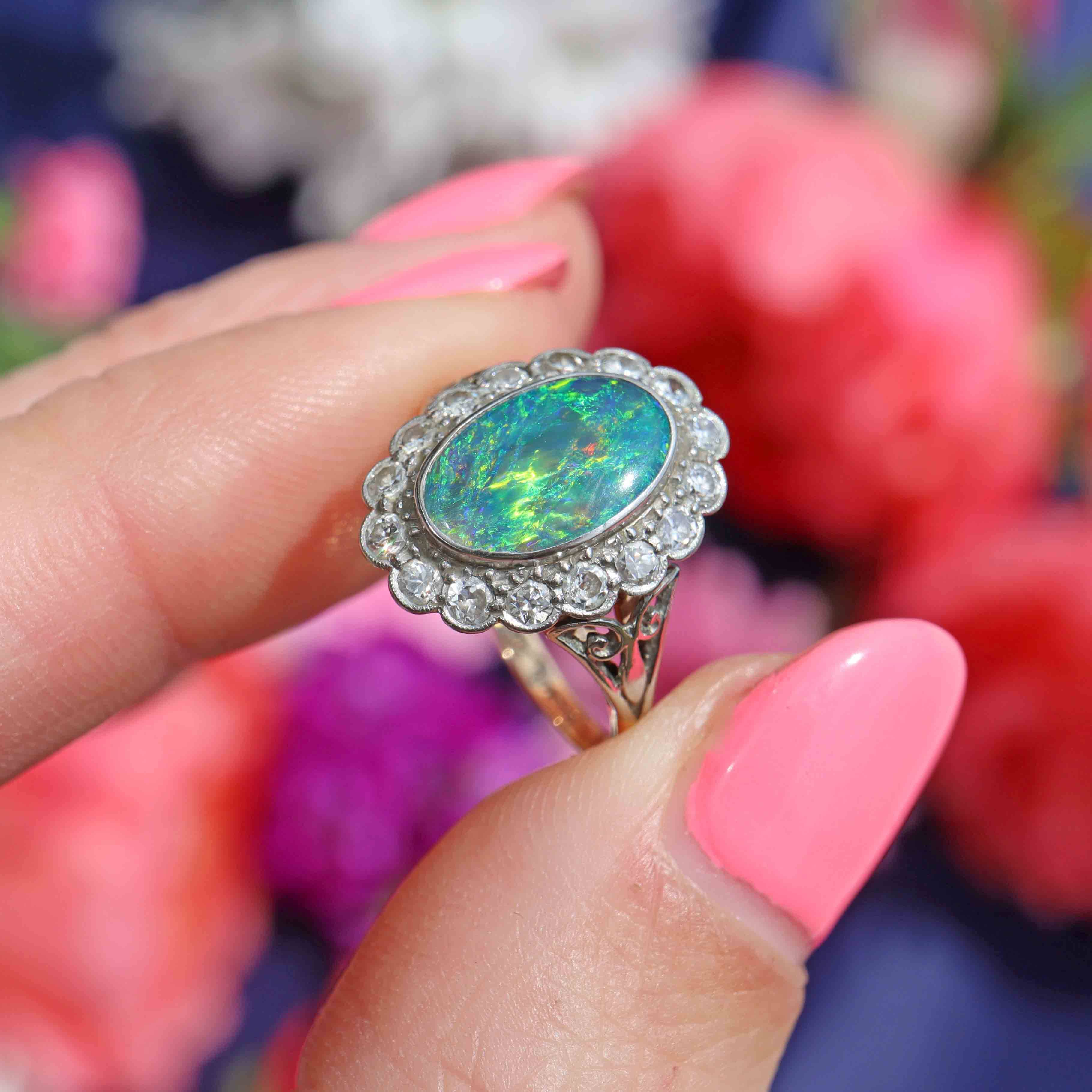 Ellibelle Jewellery Edwardian Black Opal & Diamond 18ct Gold Platinum Cluster Ring