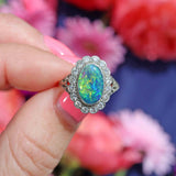 Ellibelle Jewellery Edwardian Black Opal & Diamond 18ct Gold Platinum Cluster Ring