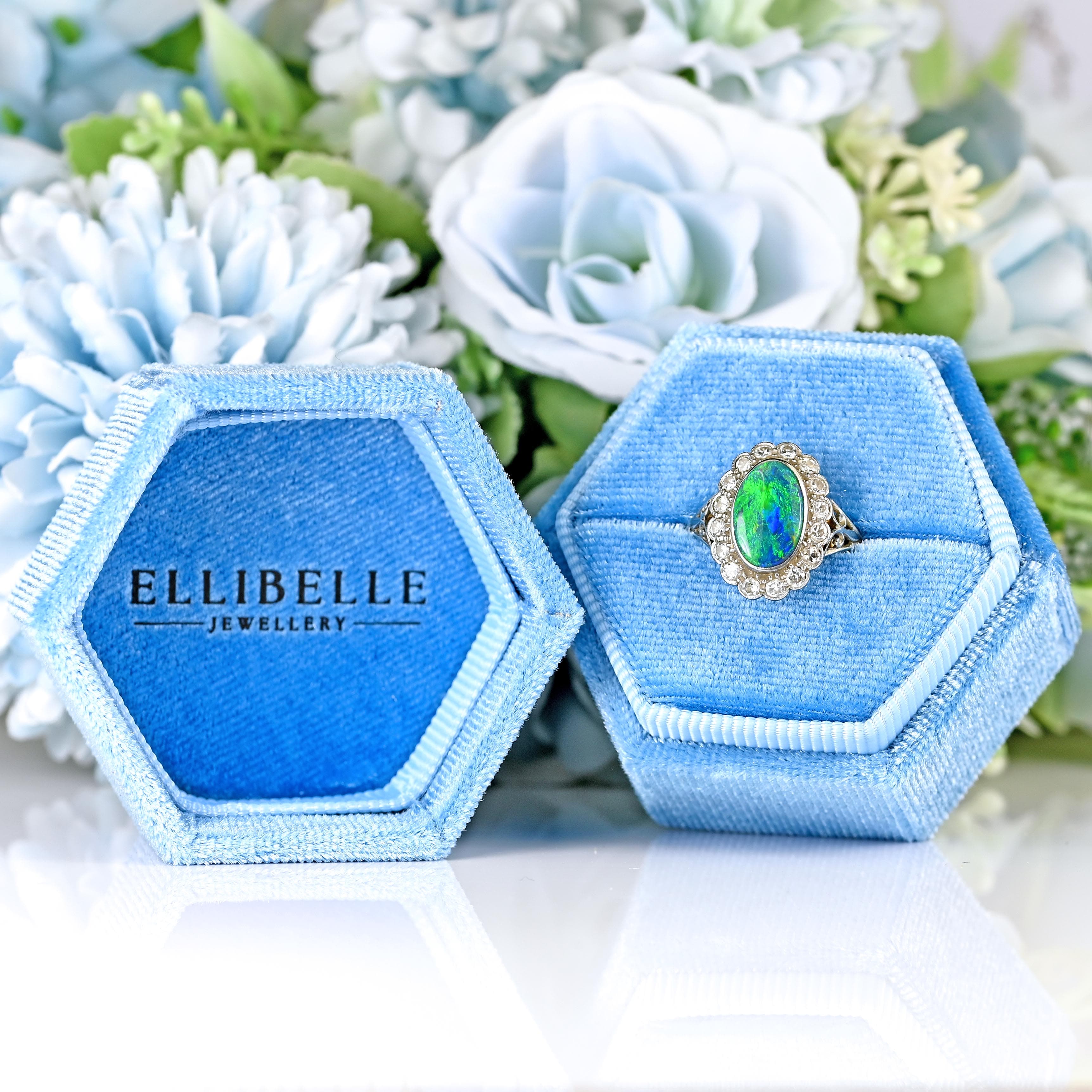 Ellibelle Jewellery Edwardian Black Opal & Diamond 18ct Gold Platinum Cluster Ring