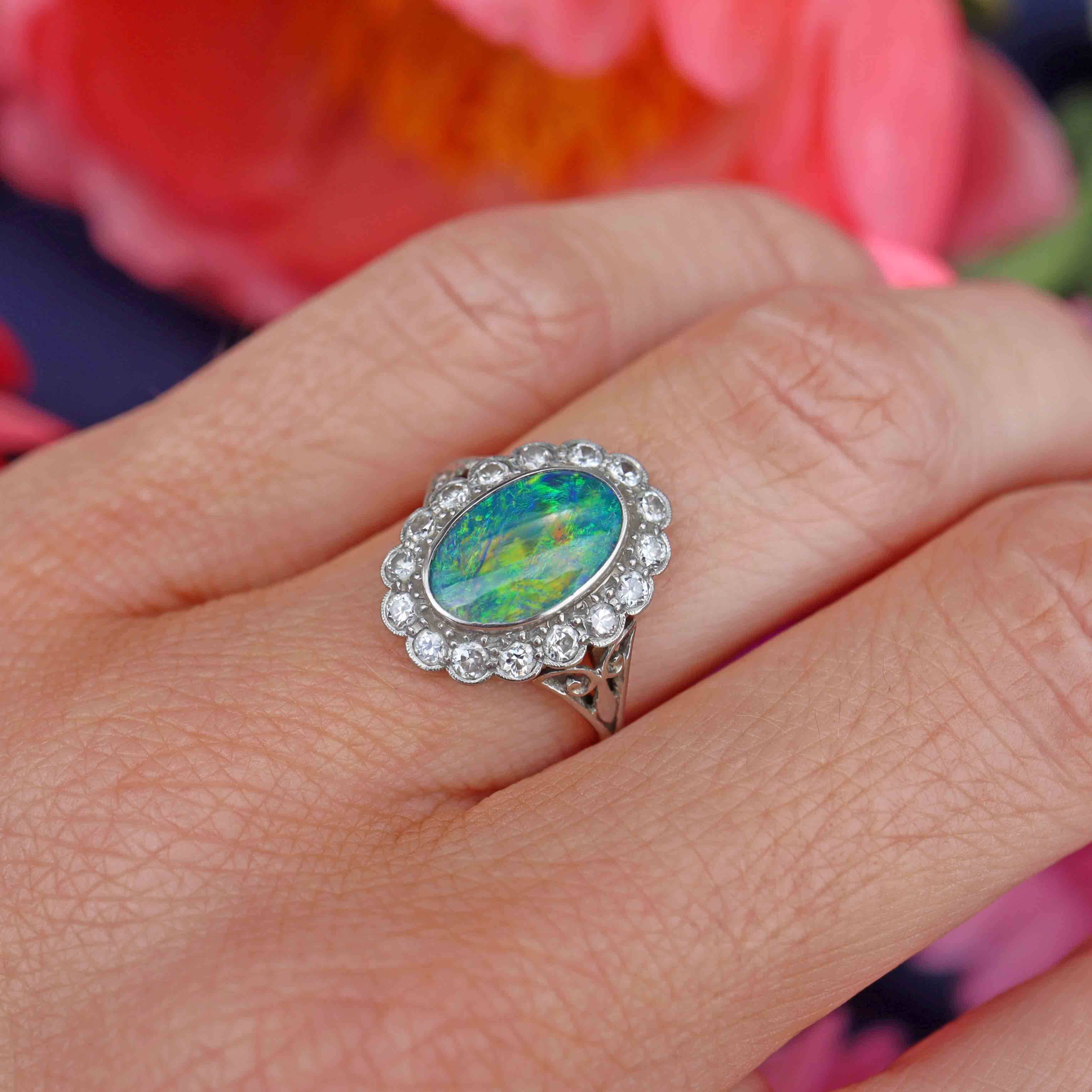 Ellibelle Jewellery Edwardian Black Opal & Diamond 18ct Gold Platinum Cluster Ring
