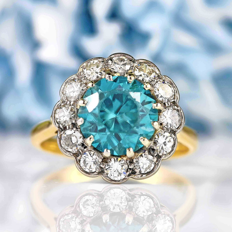 Ellibelle Jewellery Edwardian Blue Zircon & Diamond 18ct Gold Cluster Ring