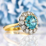 Ellibelle Jewellery Edwardian Blue Zircon & Diamond 18ct Gold Cluster Ring