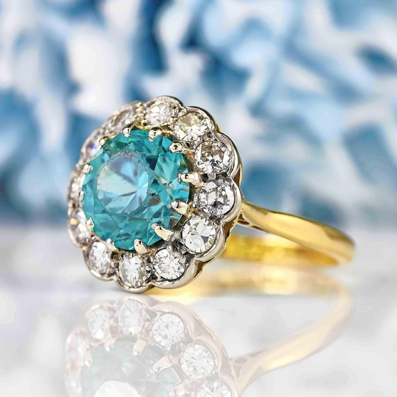 Ellibelle Jewellery Edwardian Blue Zircon & Diamond 18ct Gold Cluster Ring