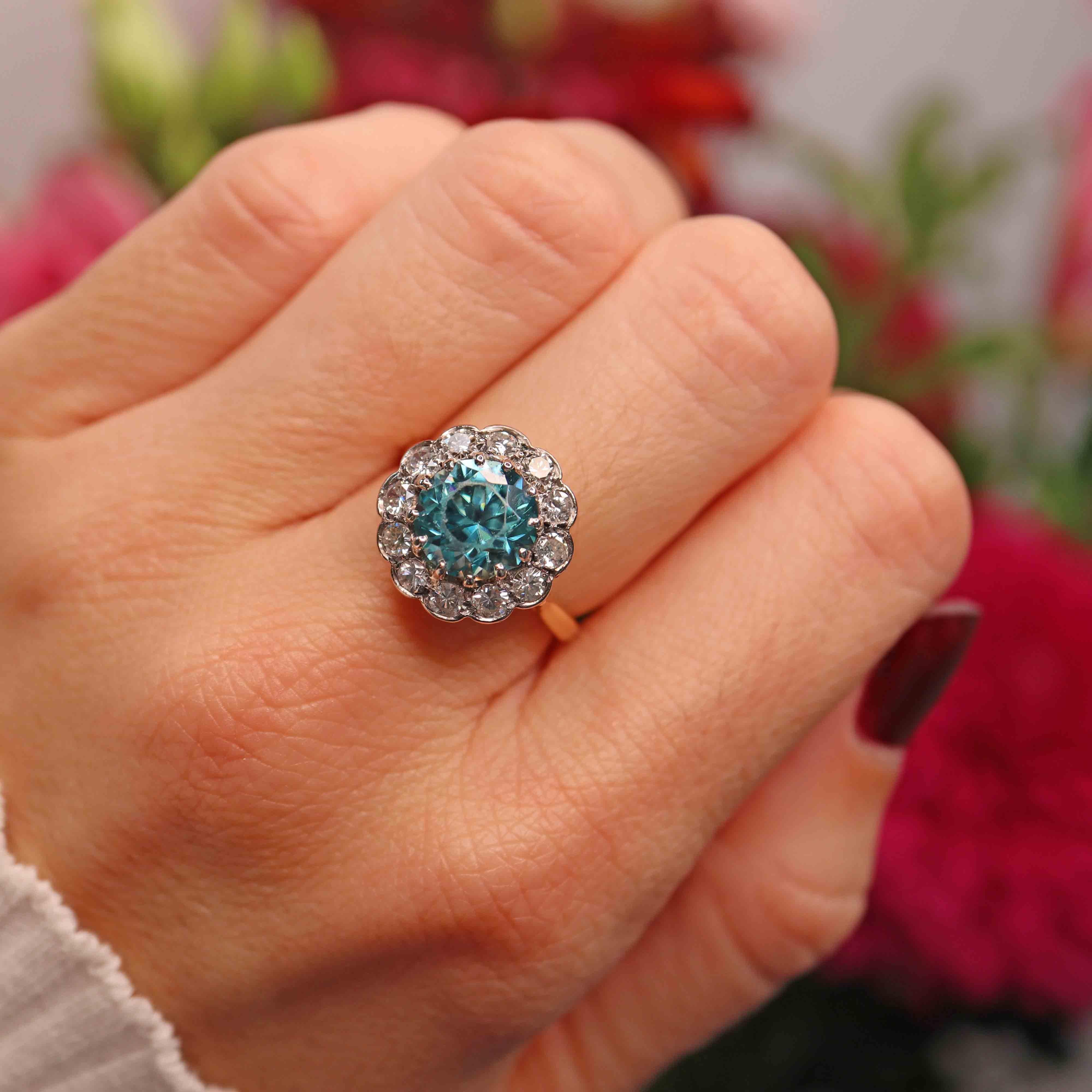 Ellibelle Jewellery Edwardian Blue Zircon & Diamond 18ct Gold Cluster Ring