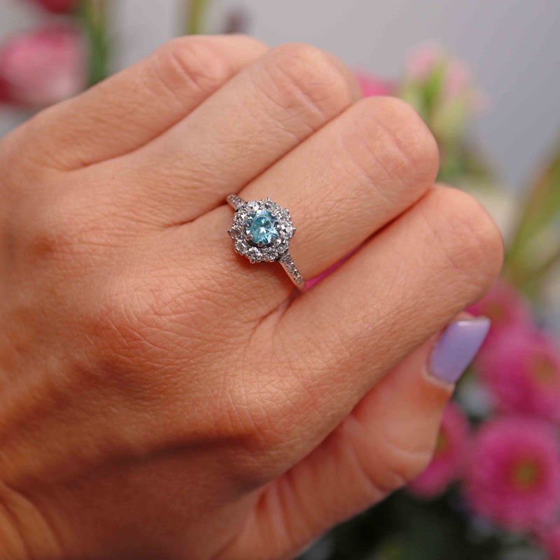 Ellibelle Jewellery Edwardian Blue Zircon & Old Cut Diamond White Gold Ring