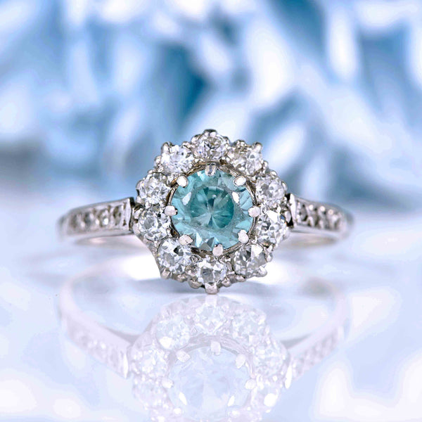 Ellibelle Jewellery Edwardian Blue Zircon & Old Cut Diamond White Gold Ring